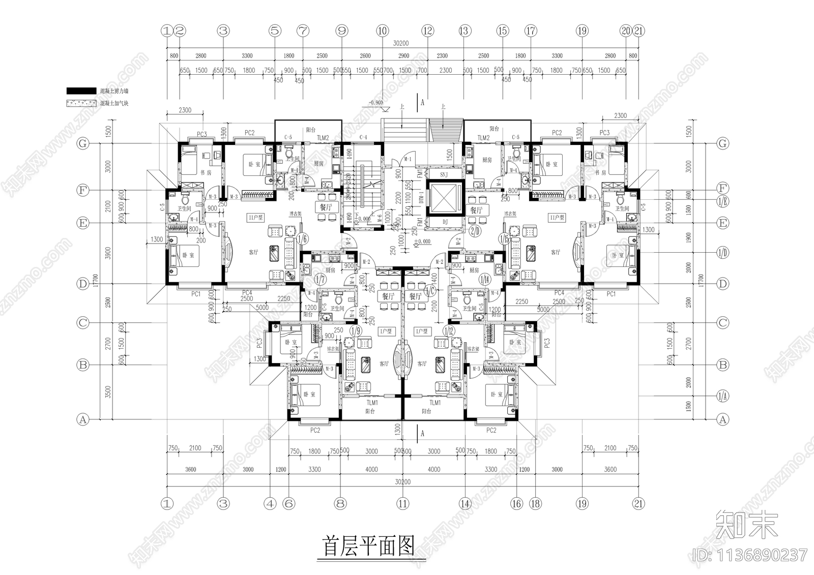 十二层一梯四户住宅楼建筑cad施工图下载【ID:1136890237】