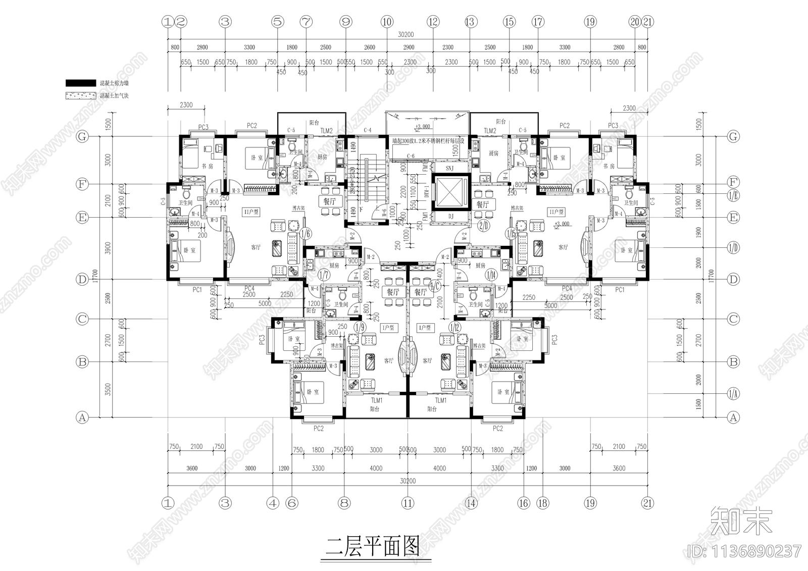 十二层一梯四户住宅楼建筑cad施工图下载【ID:1136890237】