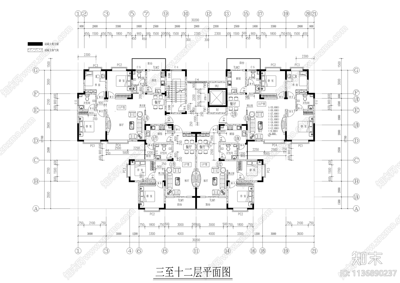 十二层一梯四户住宅楼建筑cad施工图下载【ID:1136890237】