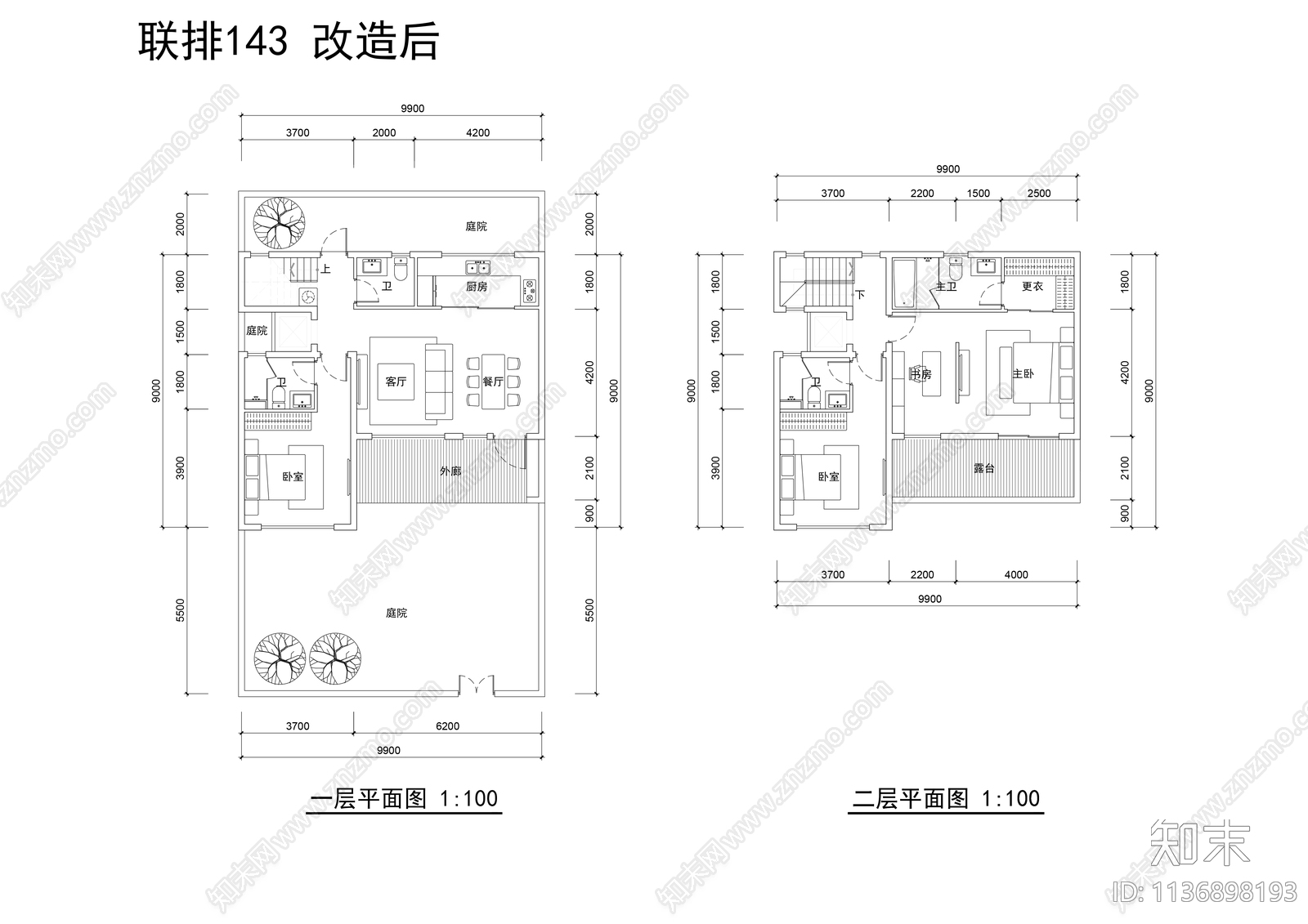 联排别墅建筑平面图施工图下载【ID:1136898193】