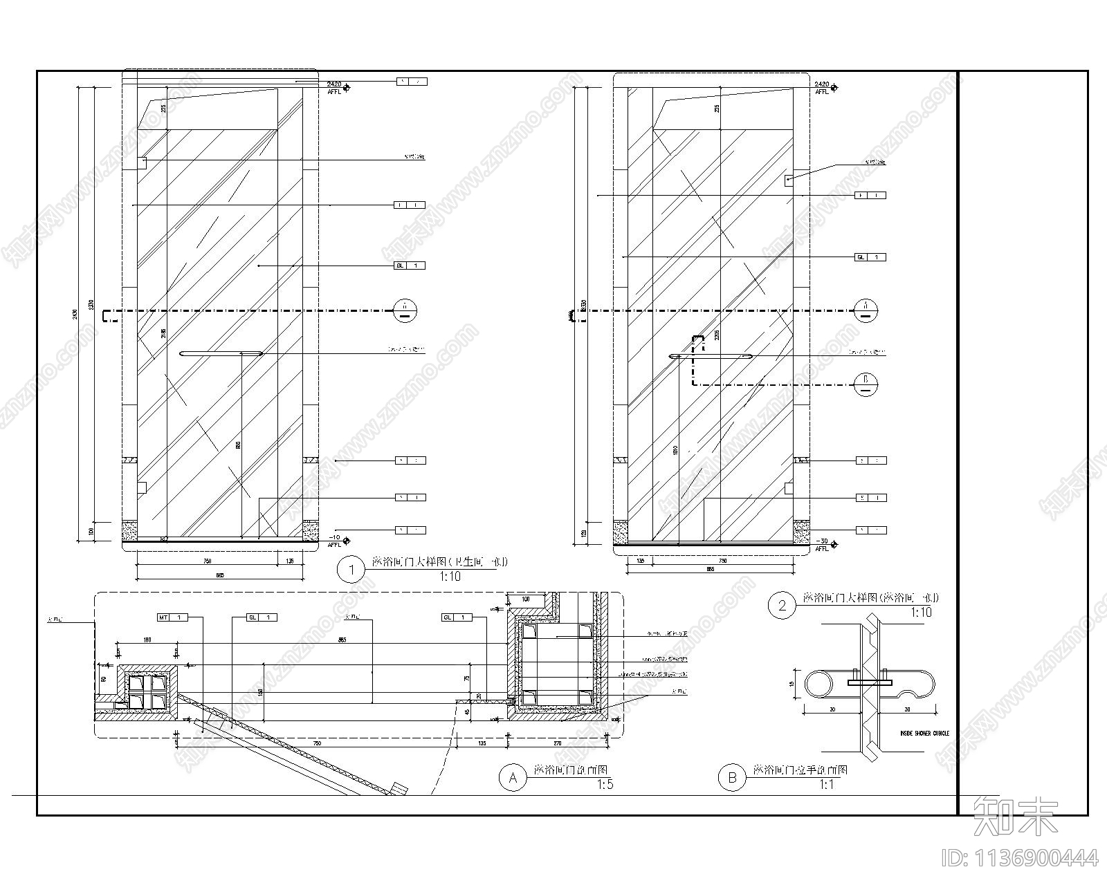 淋浴间玻璃门节点cad施工图下载【ID:1136900444】