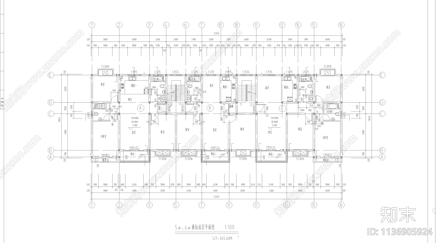 六层住宅建筑cad施工图下载【ID:1136905924】