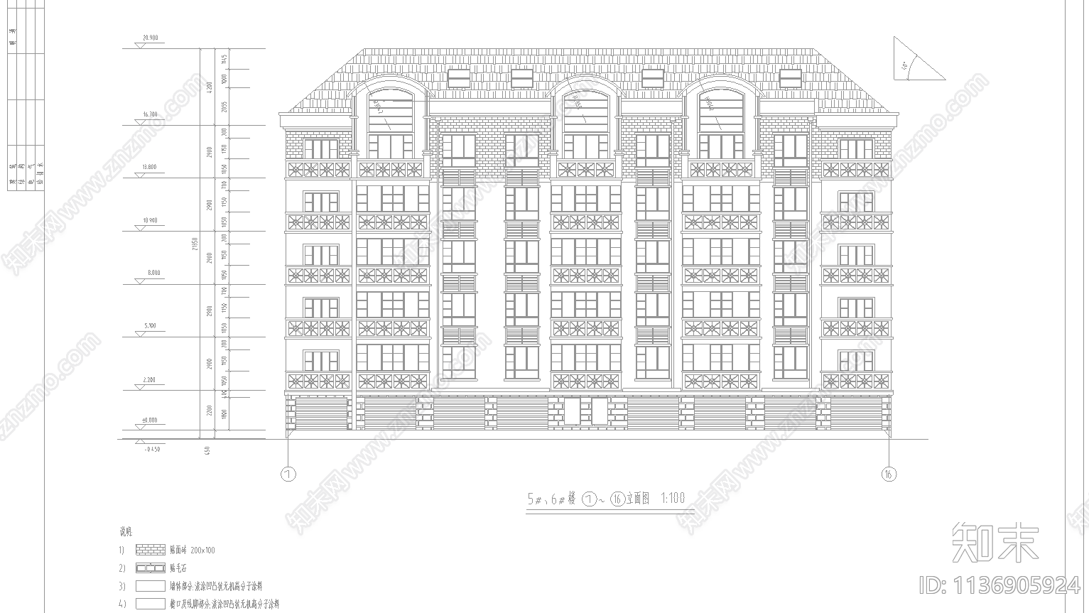 六层住宅建筑cad施工图下载【ID:1136905924】