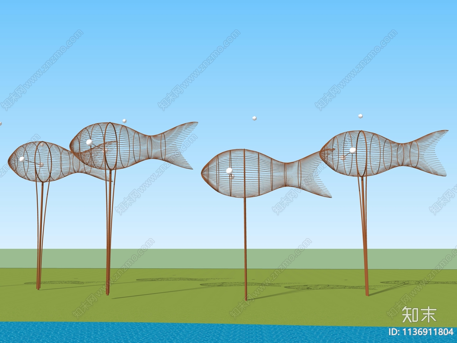 现代海边鱼群雕塑小品SU模型下载【ID:1136911804】