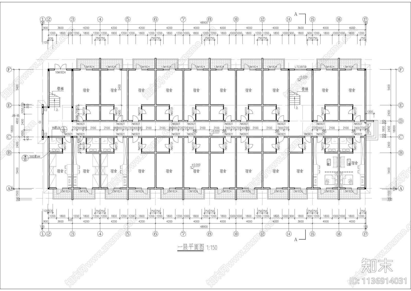 某公司集团宿舍楼建筑cad施工图下载【ID:1136914031】