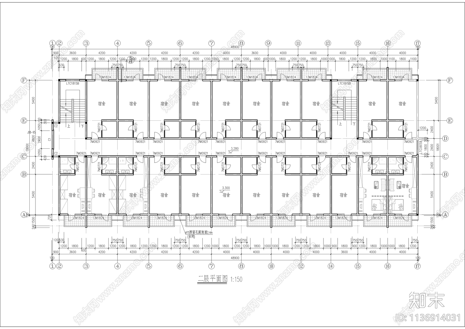 某公司集团宿舍楼建筑cad施工图下载【ID:1136914031】