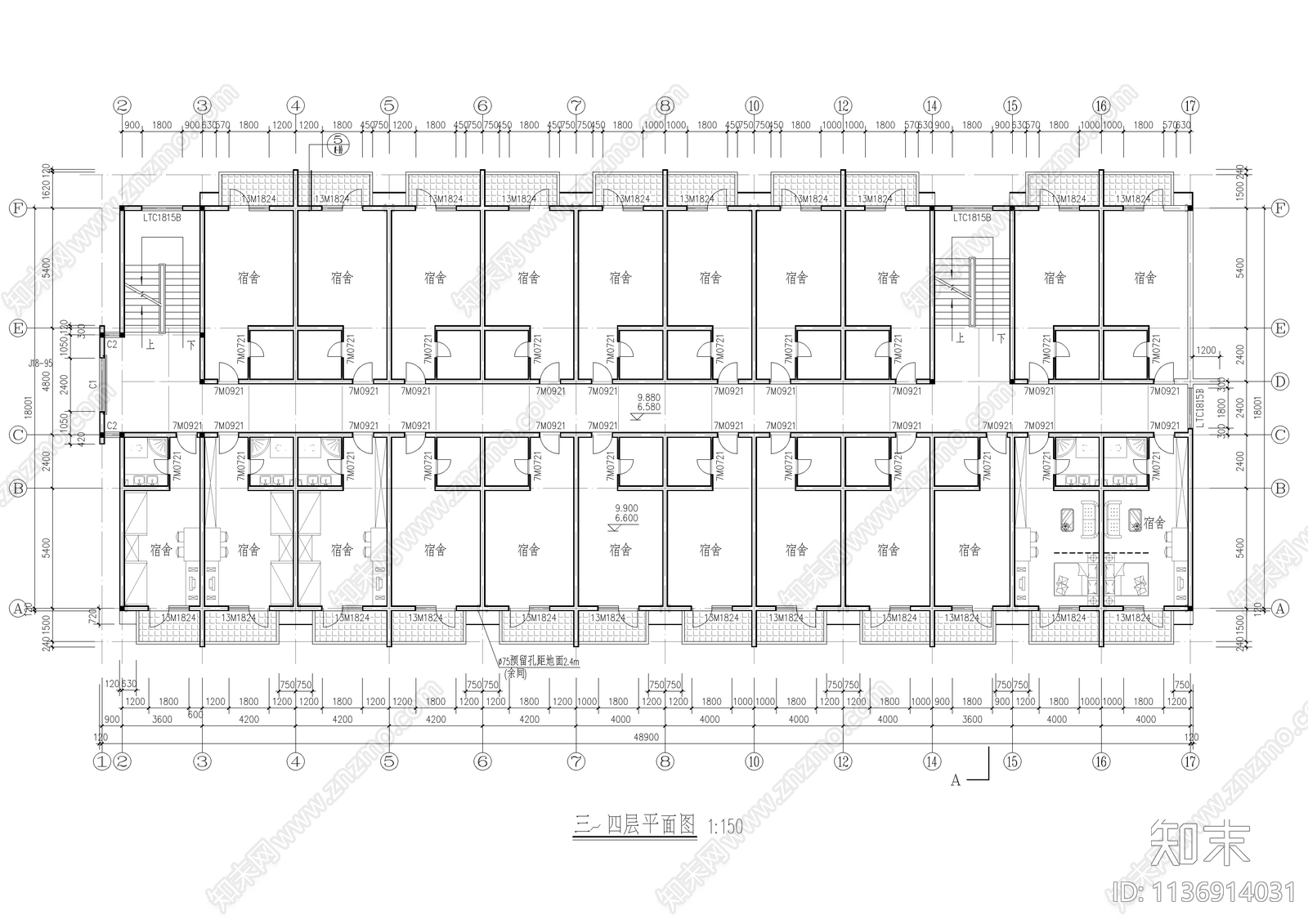 某公司集团宿舍楼建筑cad施工图下载【ID:1136914031】