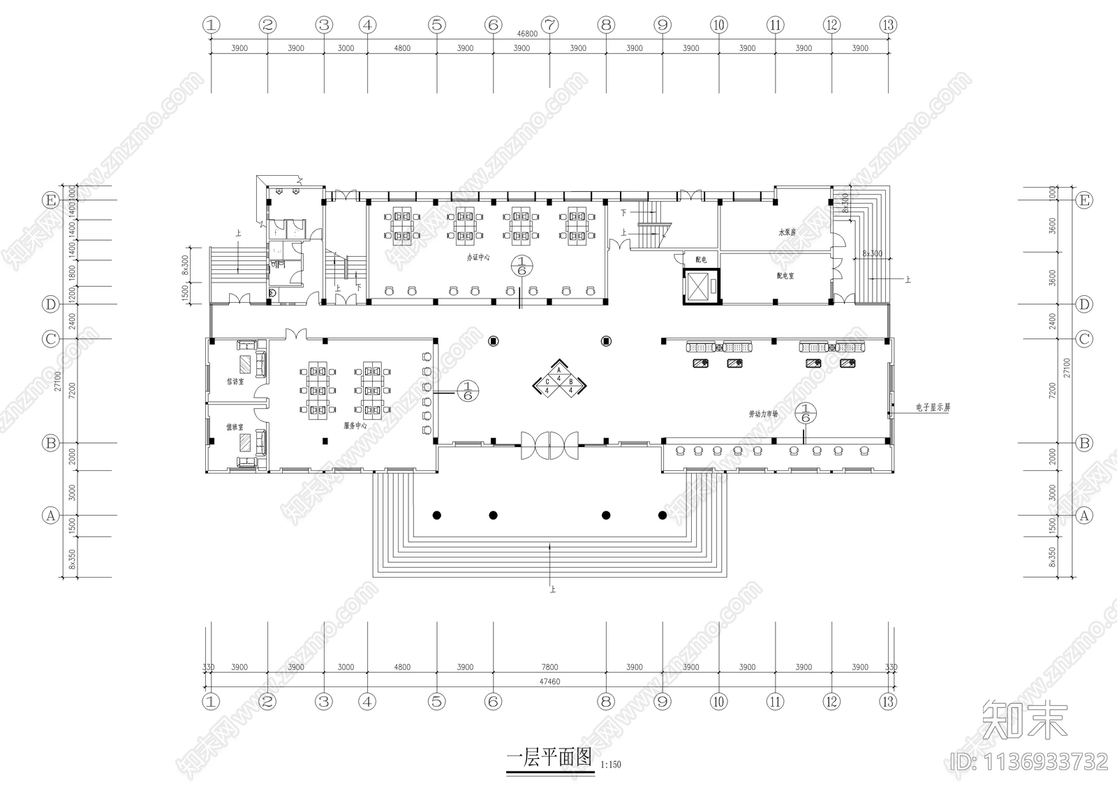 社保办公楼全套装修cad施工图下载【ID:1136933732】