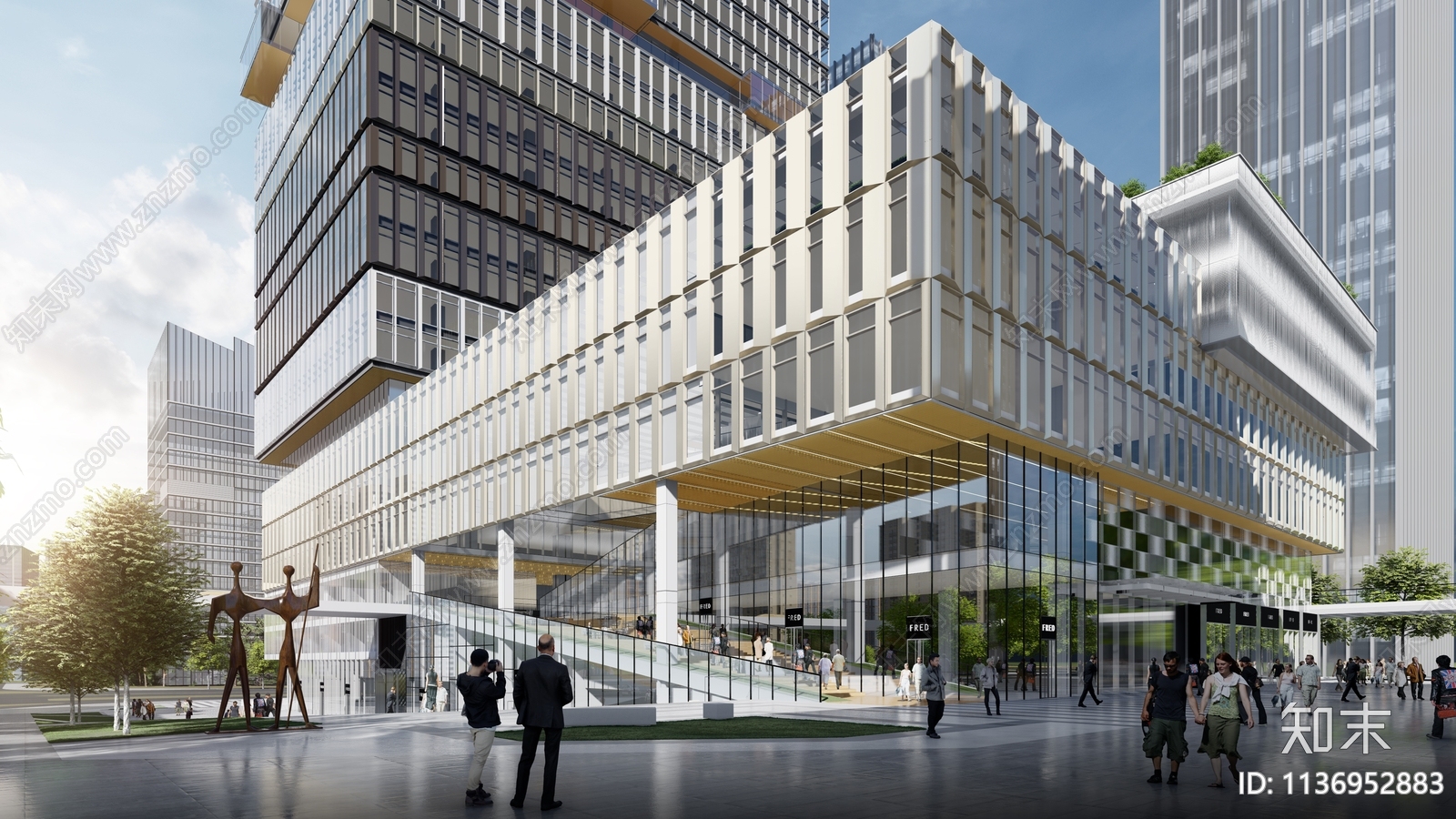 办公楼建筑效果图cad施工图下载【ID:1136952883】