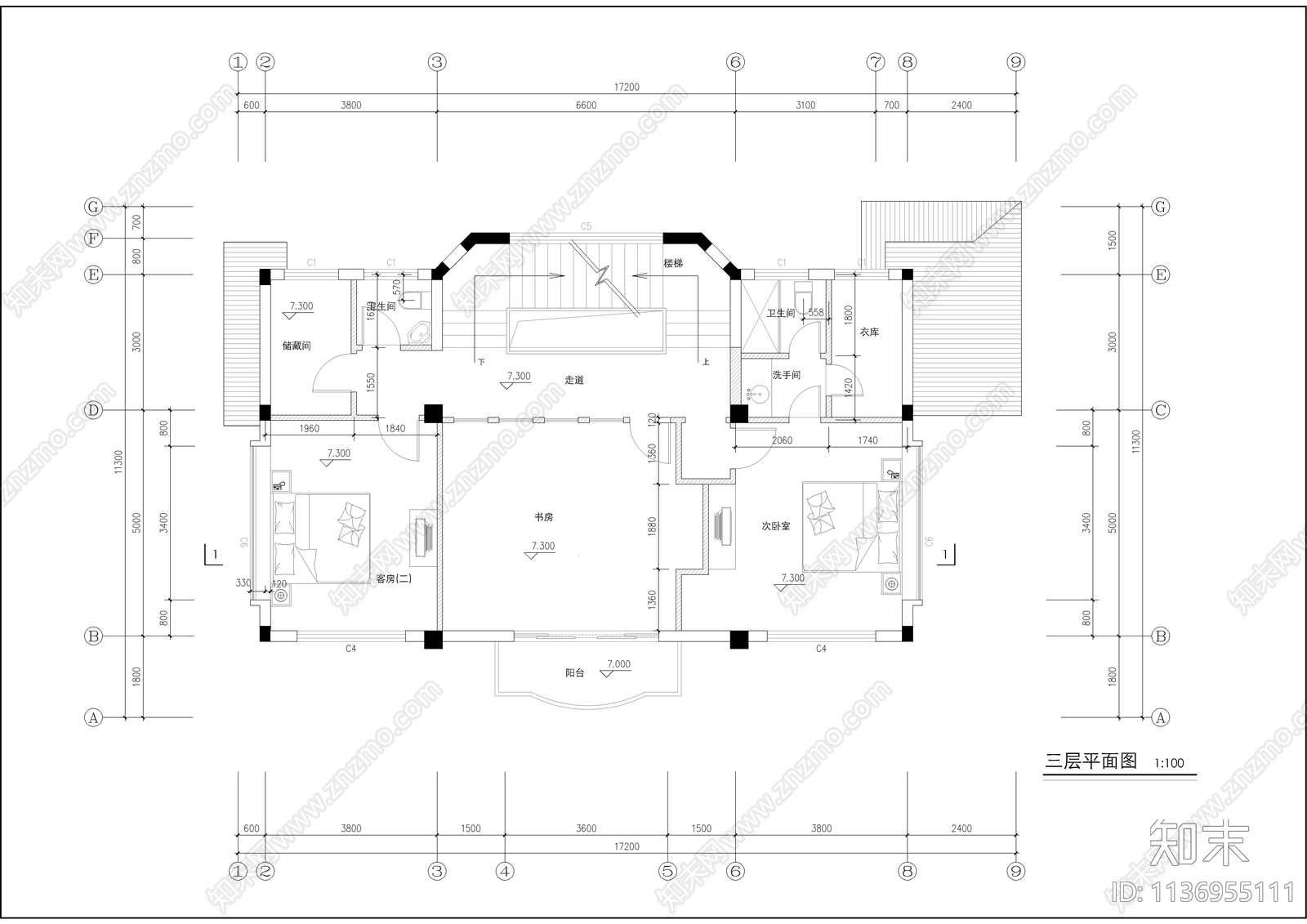 三层400平欧式自建别墅建筑cad施工图下载【ID:1136955111】