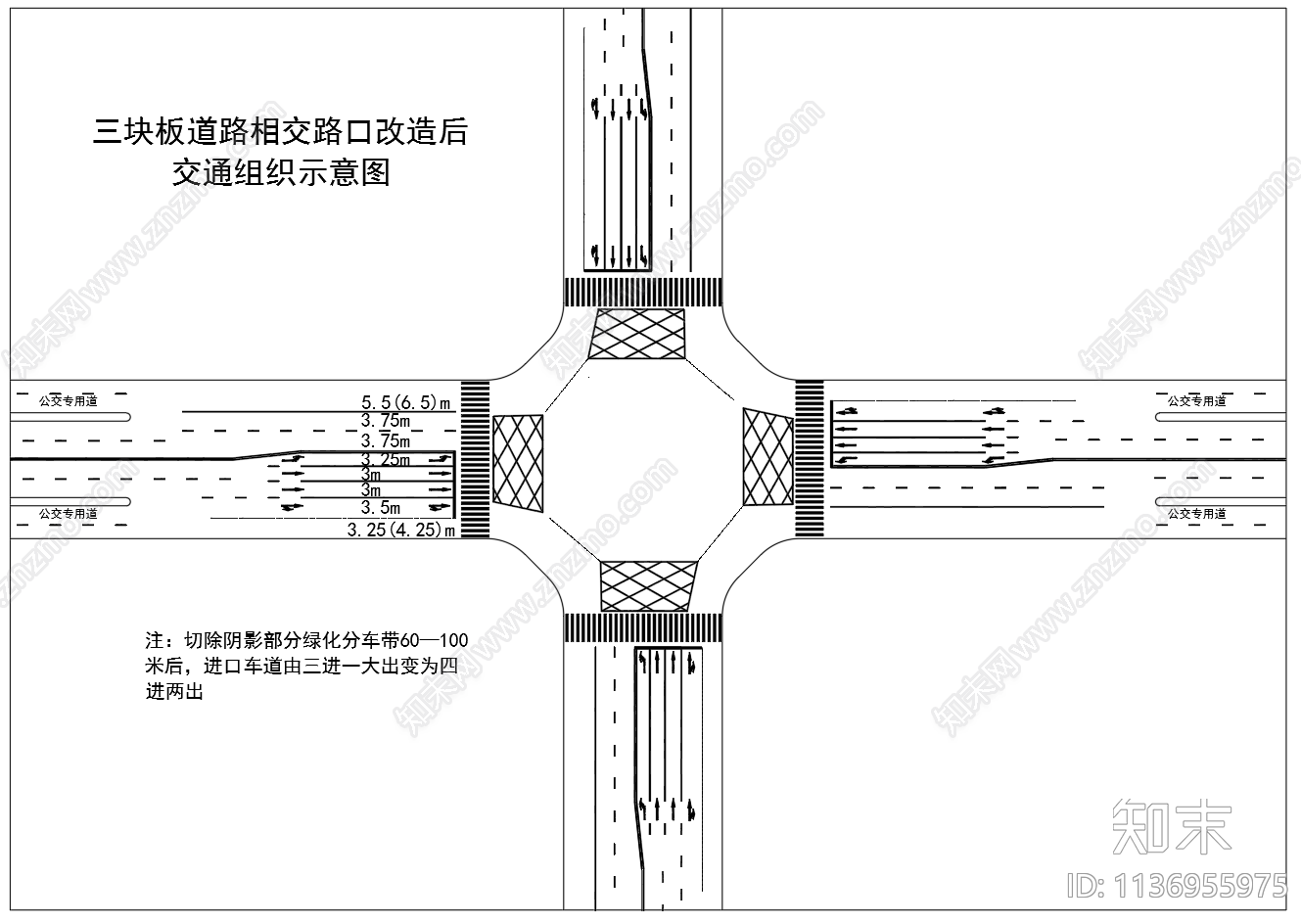 典型十字路口交通组织标线布置图cad施工图下载【ID:1136955975】
