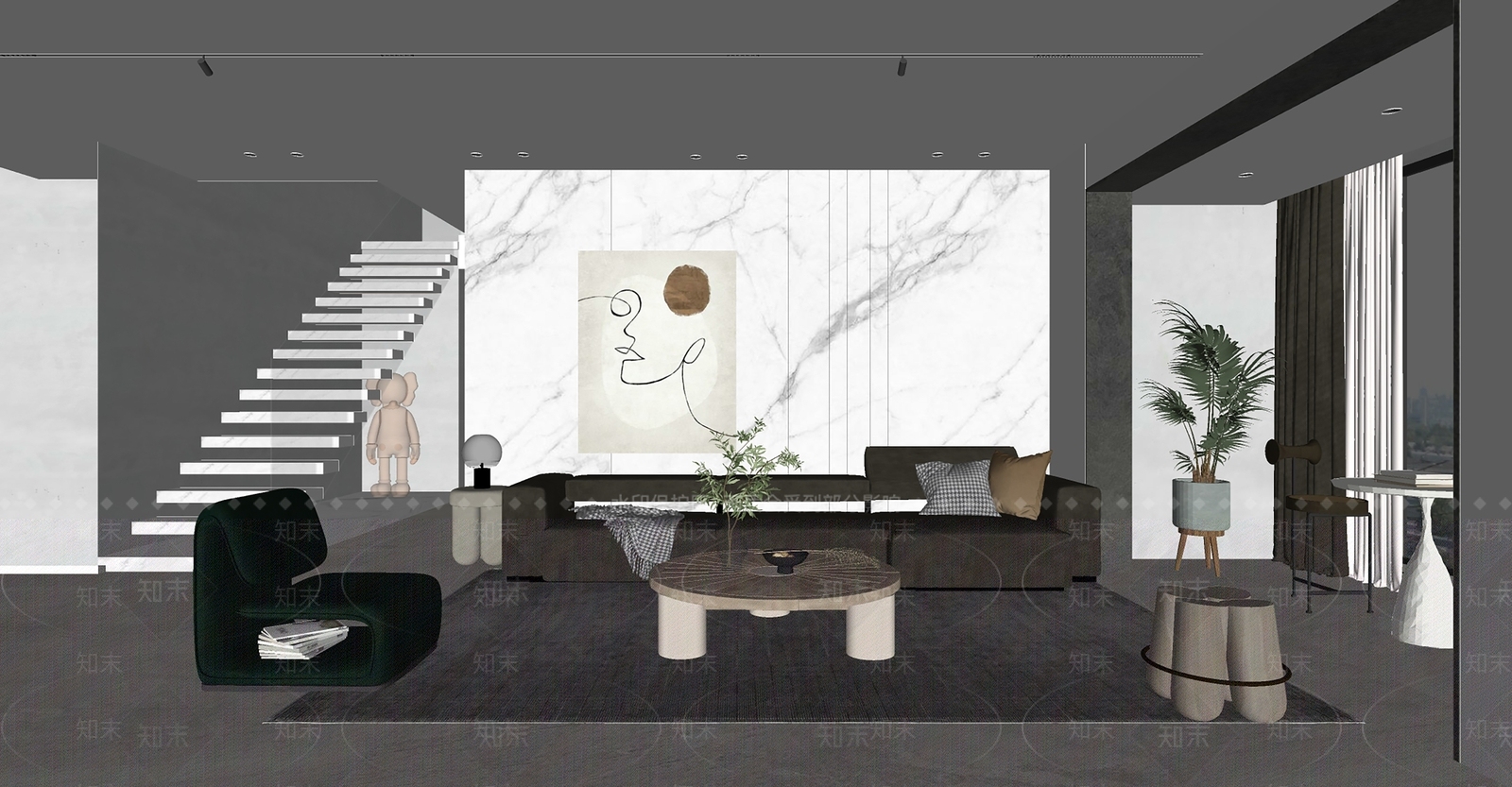 现代别墅客厅SU模型下载【ID:1136966415】