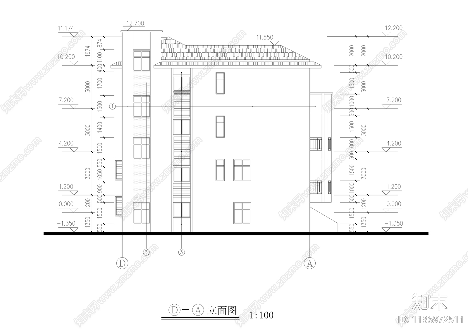 500平三层自建别墅建筑cad施工图下载【ID:1136972511】