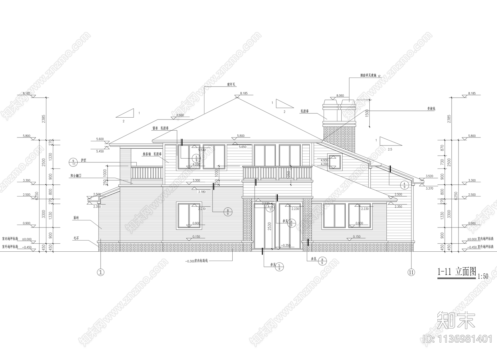 二层美式别墅建筑cad施工图下载【ID:1136981401】