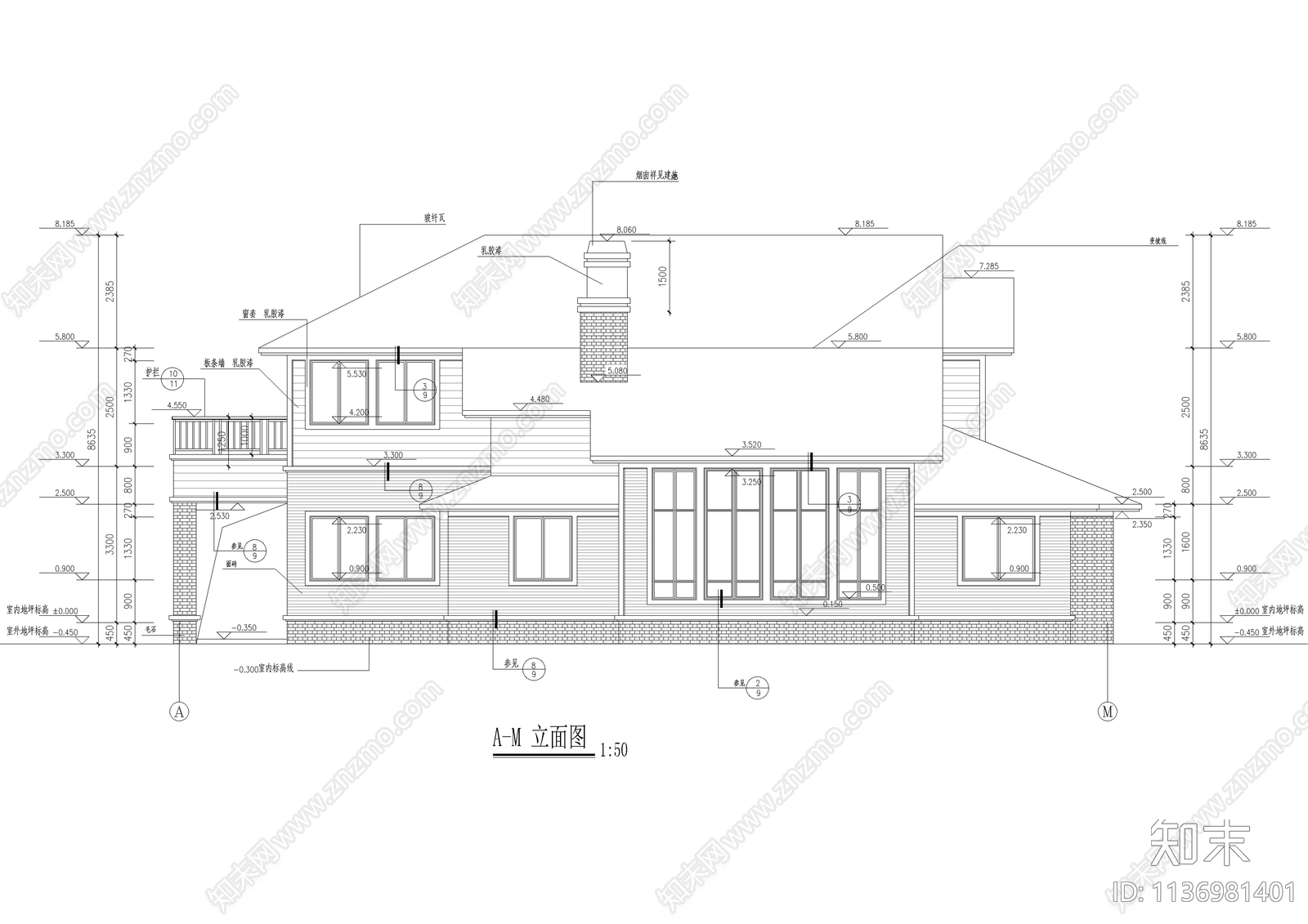 二层美式别墅建筑cad施工图下载【ID:1136981401】