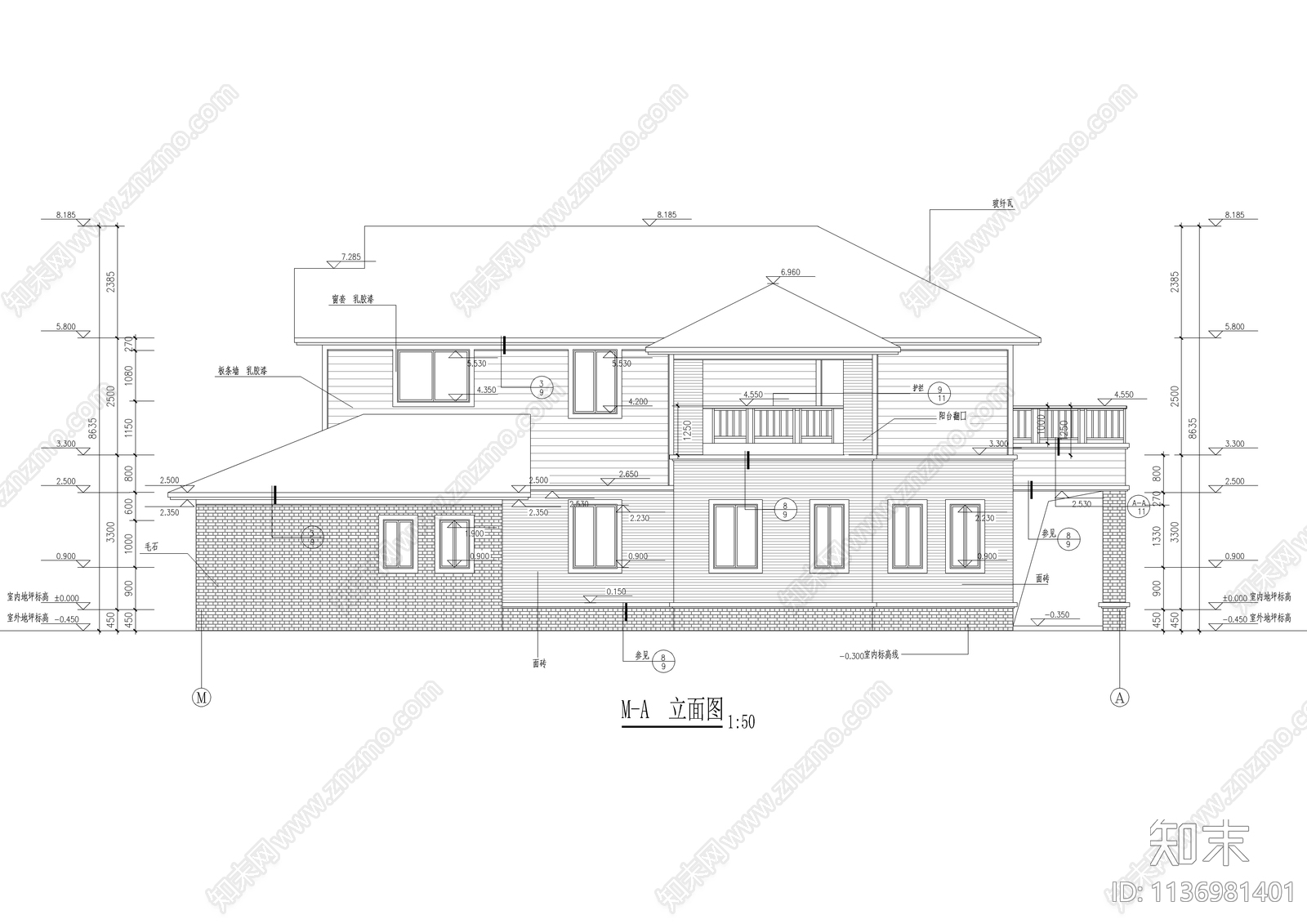 二层美式别墅建筑cad施工图下载【ID:1136981401】