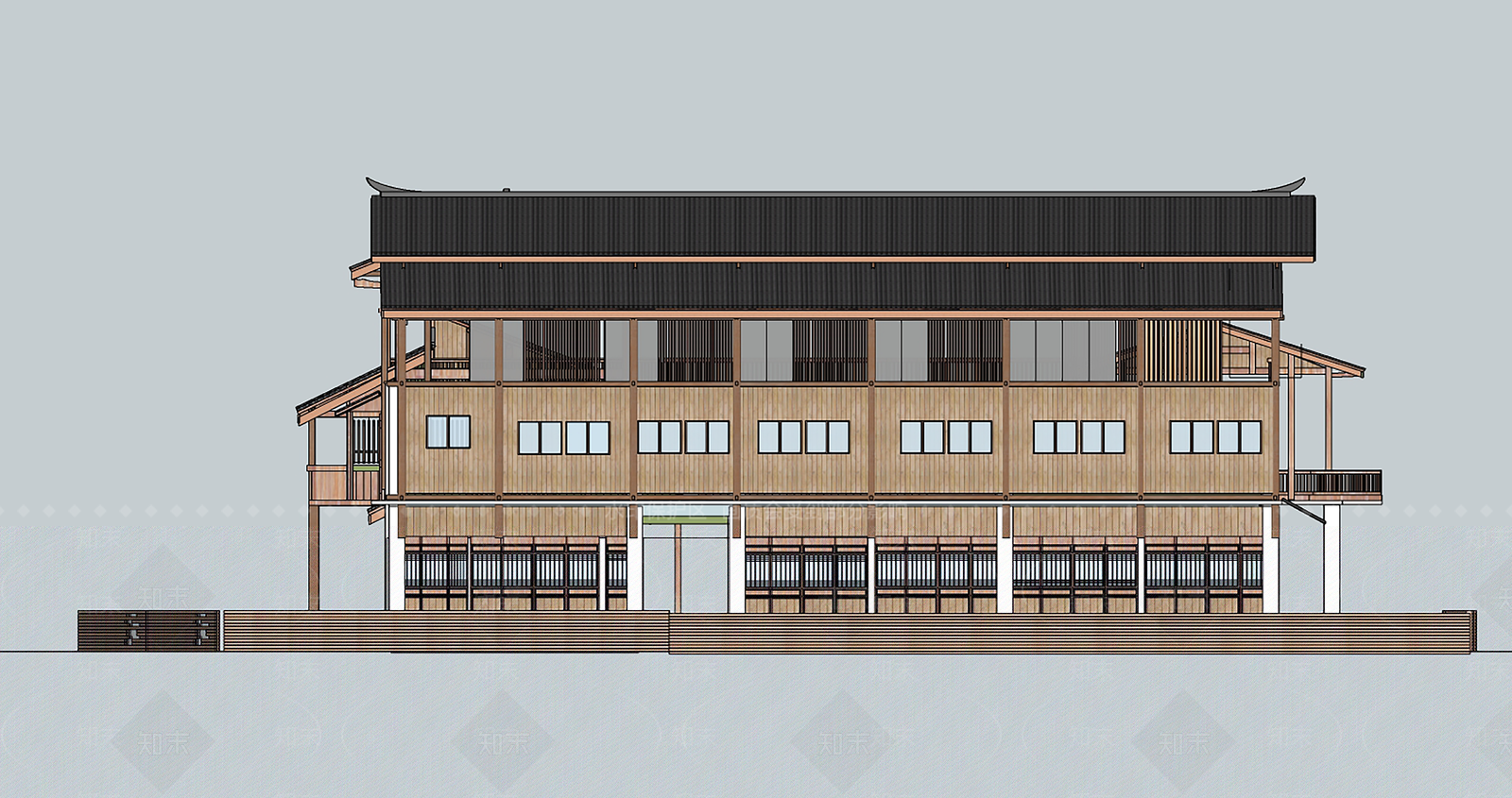 中式酒店建筑SU模型下载【ID:1137001583】