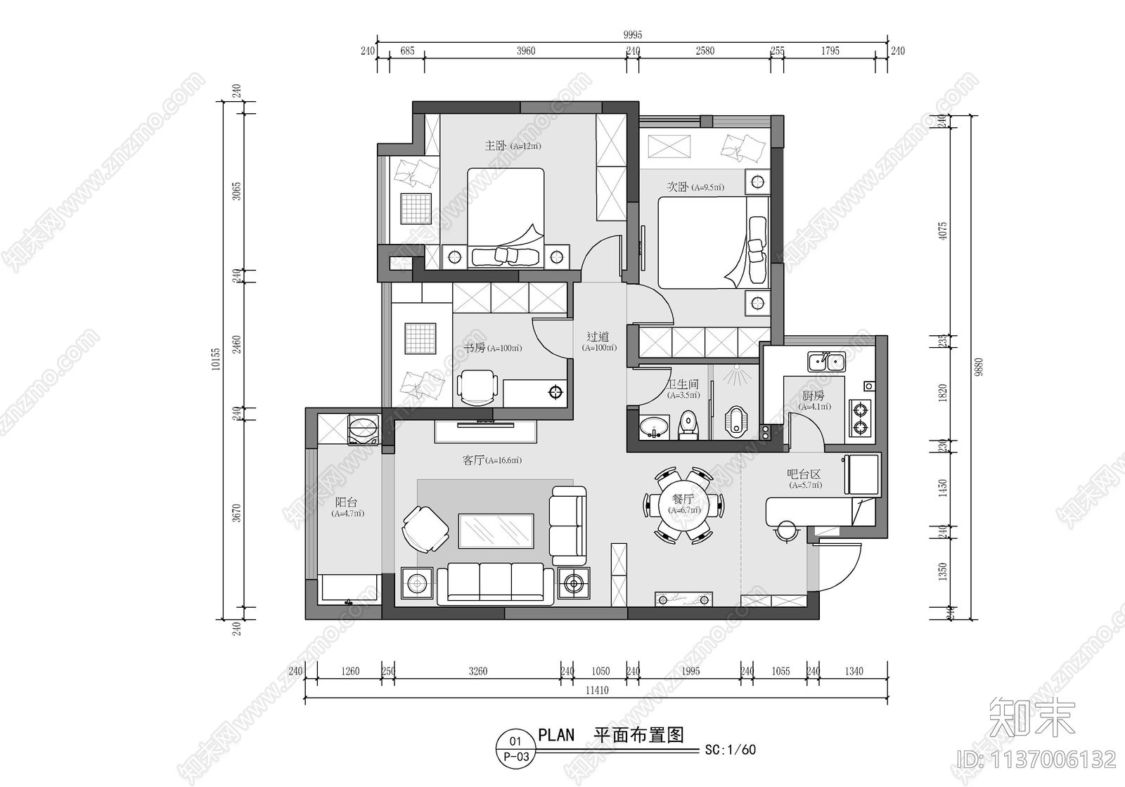 95㎡三房家装室内施工图下载【ID:1137006132】