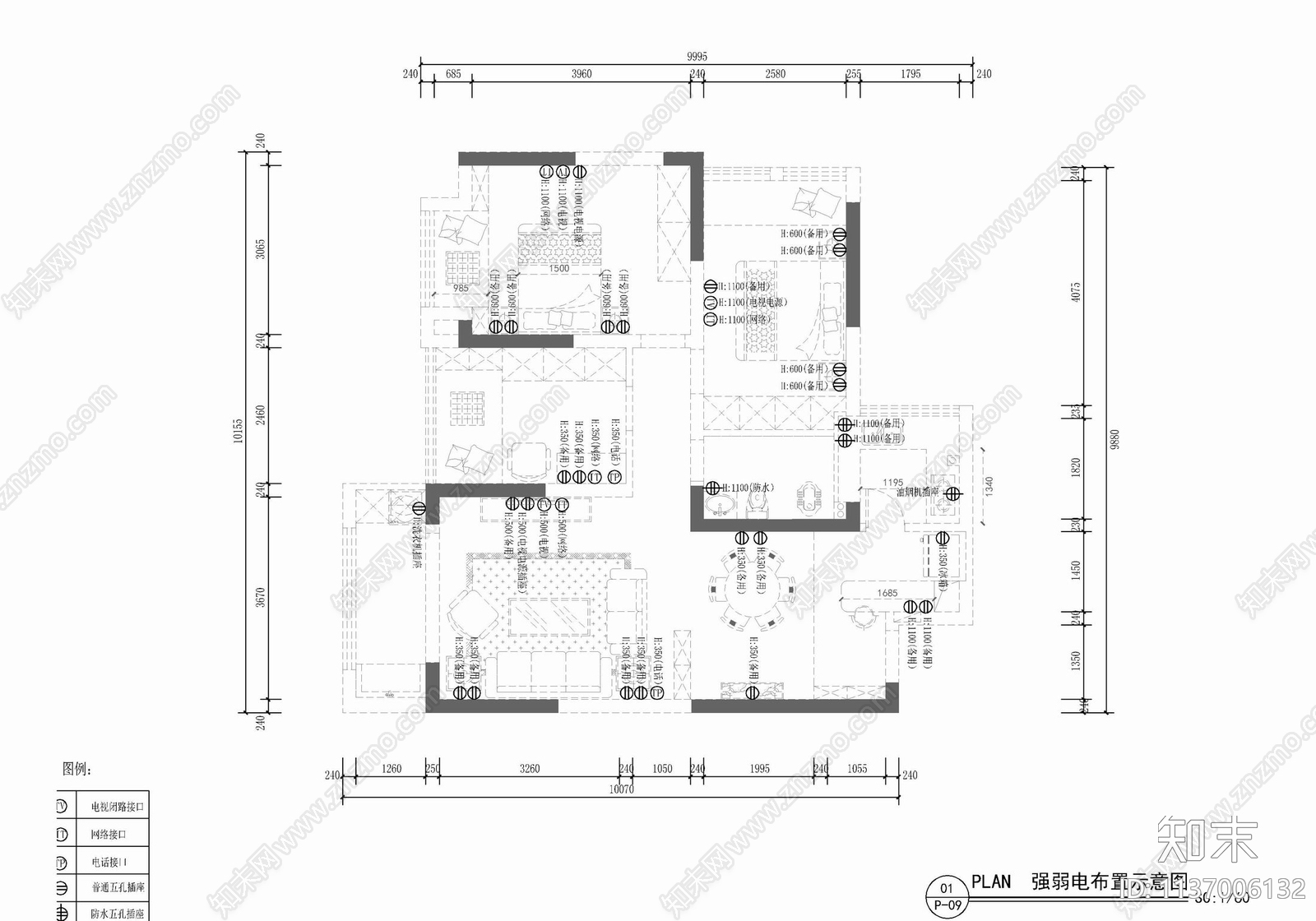 95㎡三房家装室内施工图下载【ID:1137006132】