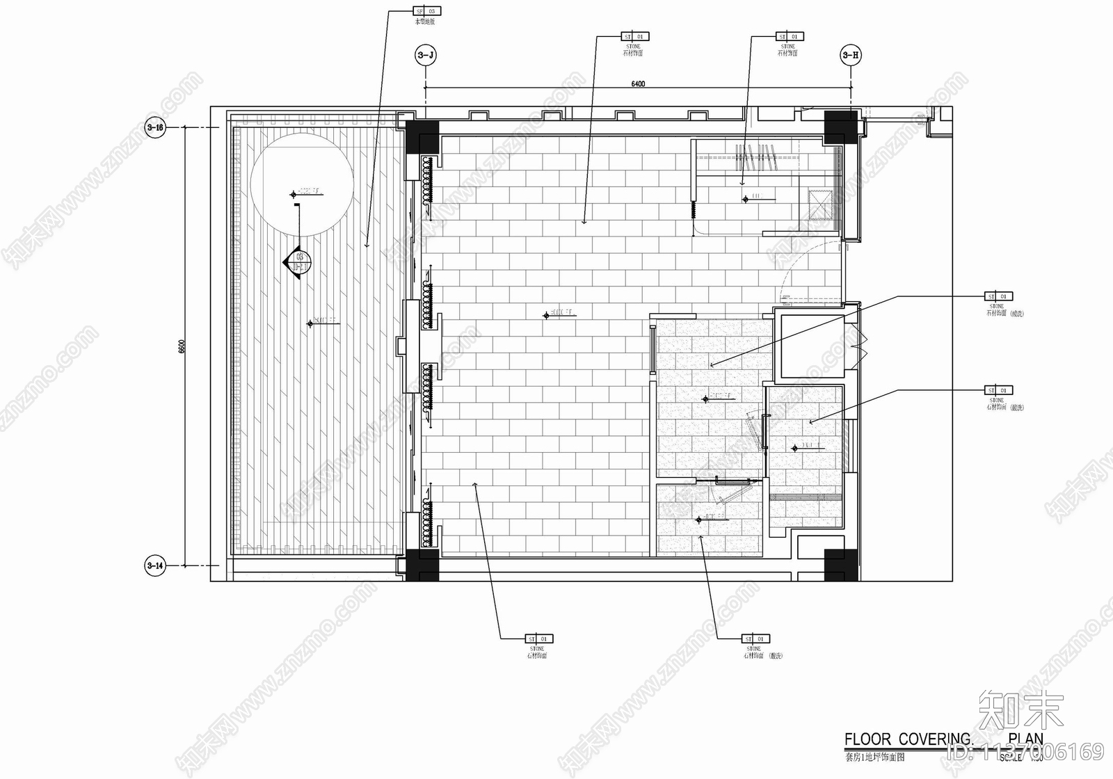65㎡度假酒店客房大床房cad施工图下载【ID:1137006169】