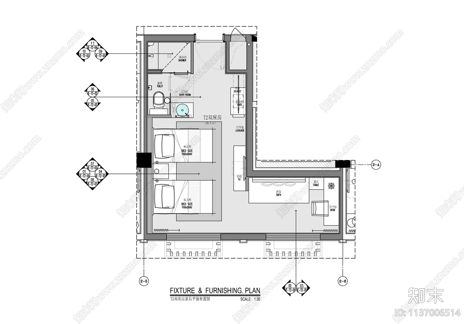 30㎡酒店双人间客房施工图下载【ID:1137006514】
