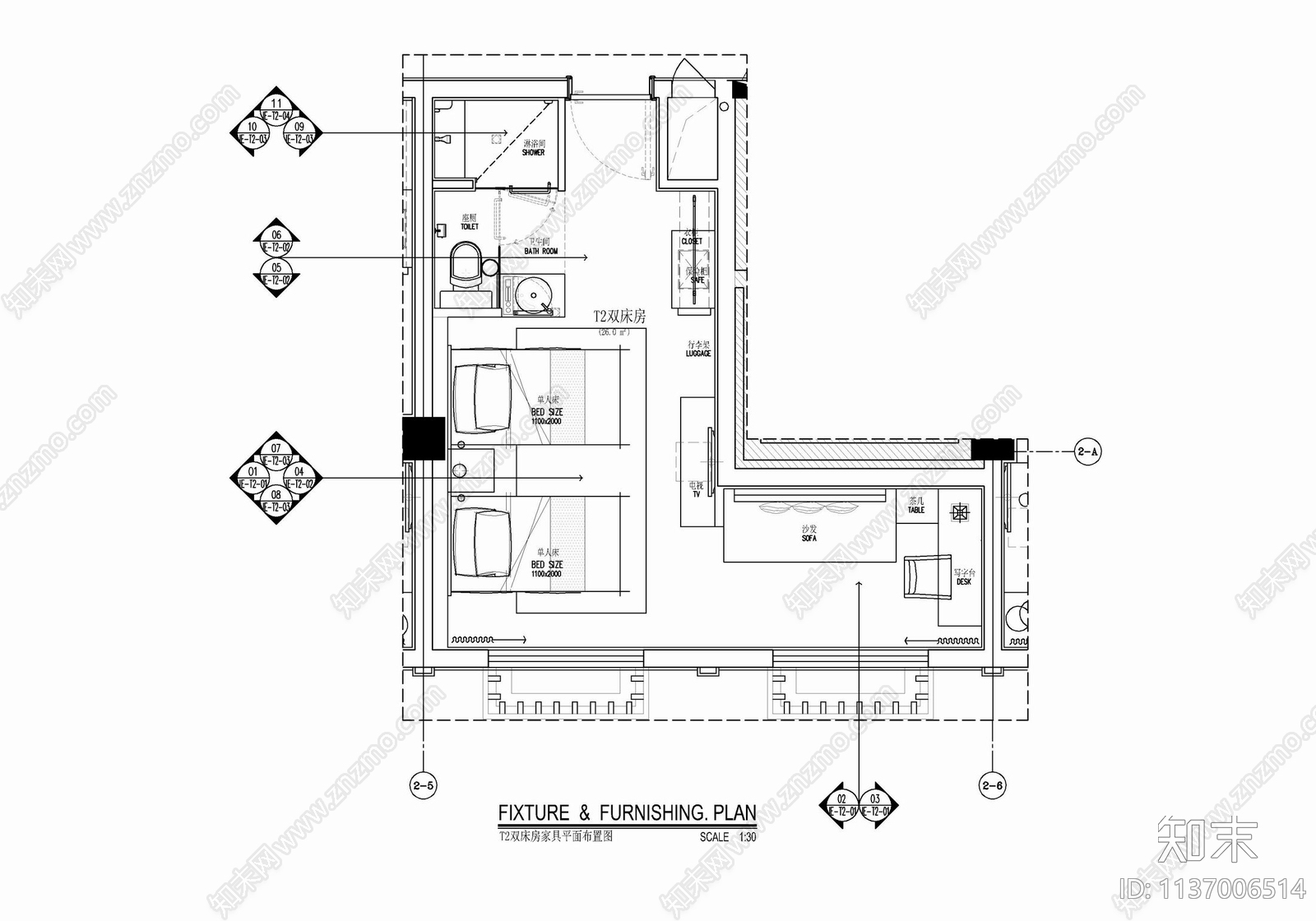 30㎡酒店双人间客房cad施工图下载【ID:1137006514】