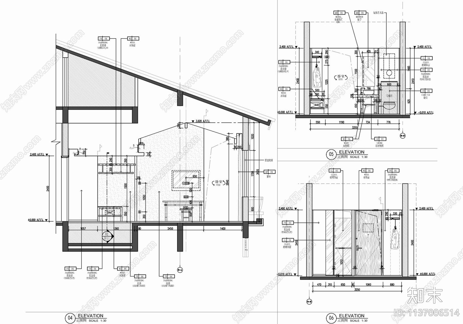 30㎡酒店双人间客房cad施工图下载【ID:1137006514】