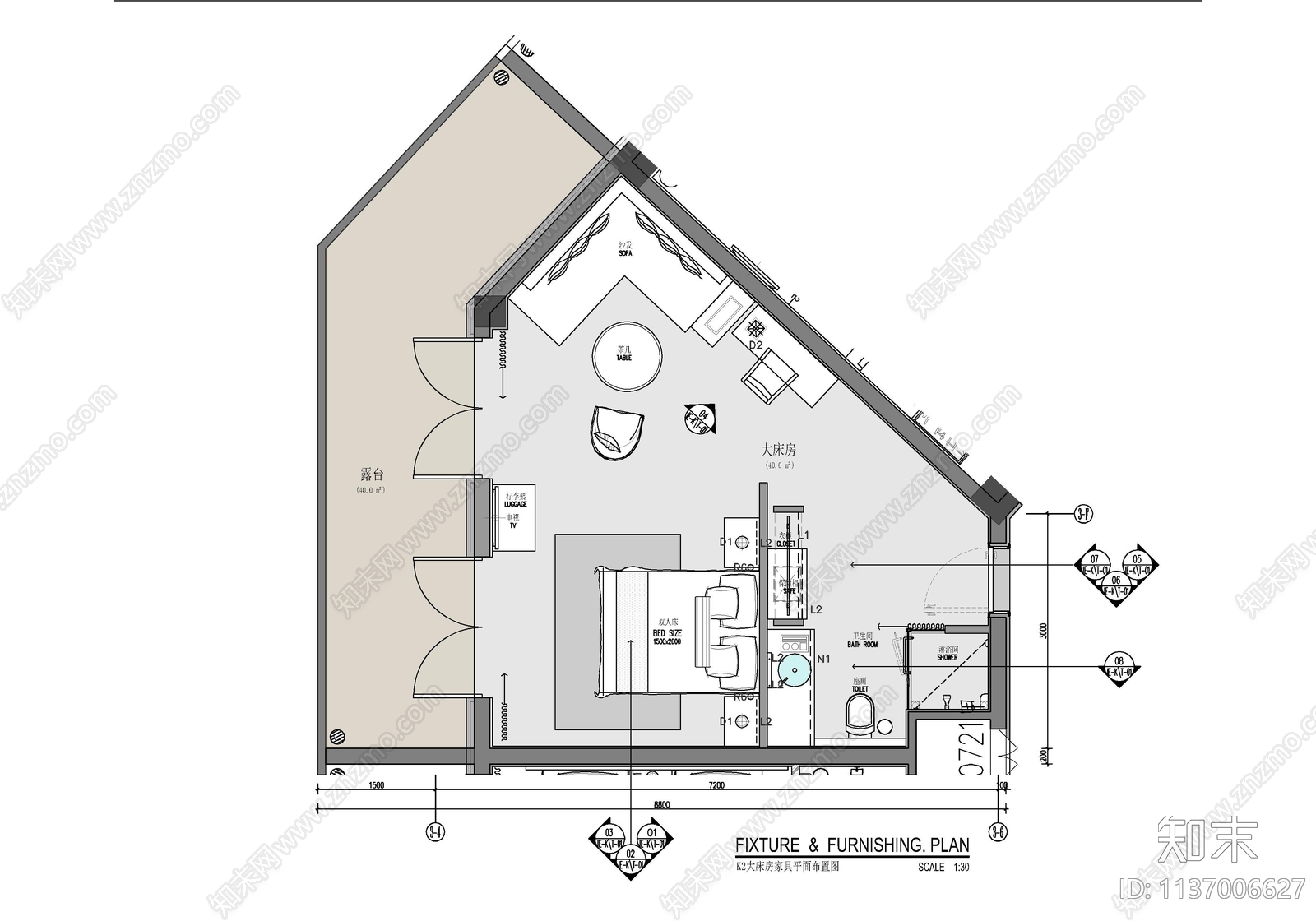 38㎡酒店异形大床房客房施工图下载【ID:1137006627】