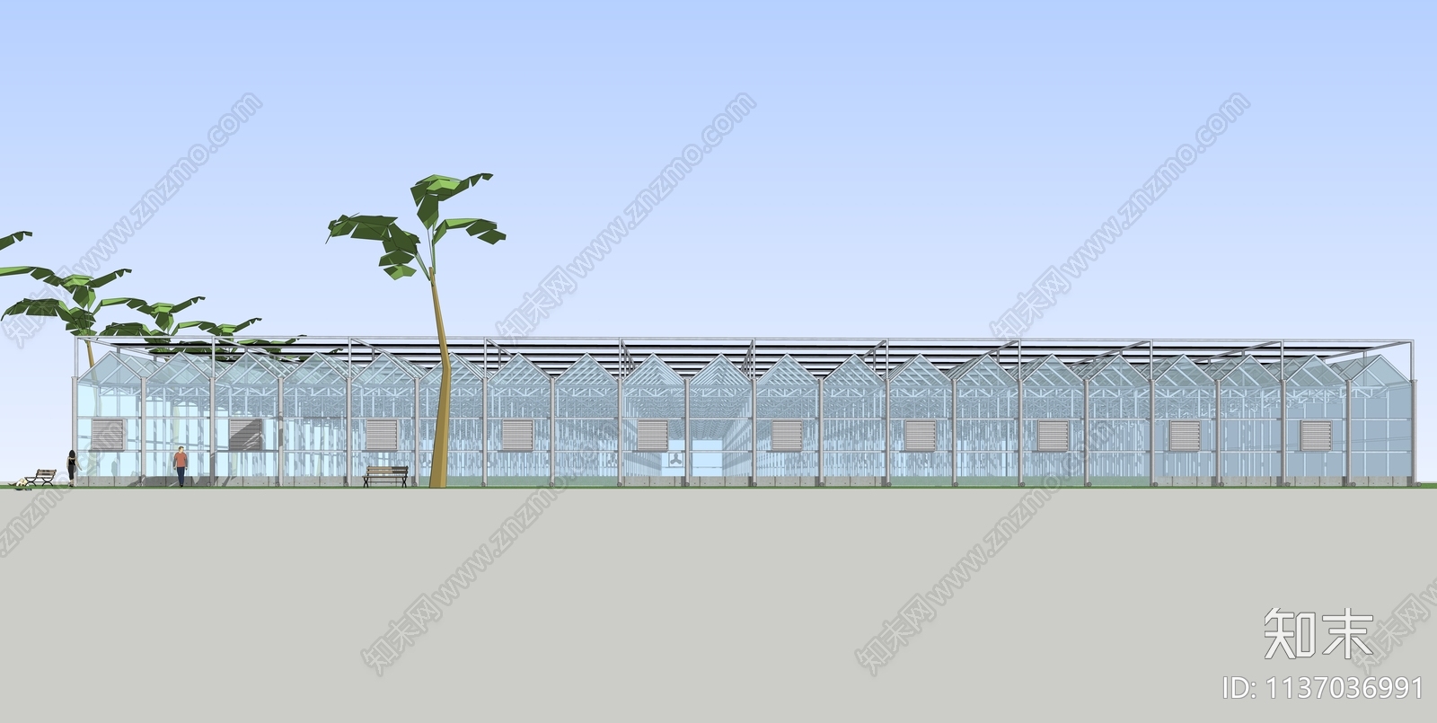 现代轻钢结构智能温室大棚SU模型下载【ID:1137036991】