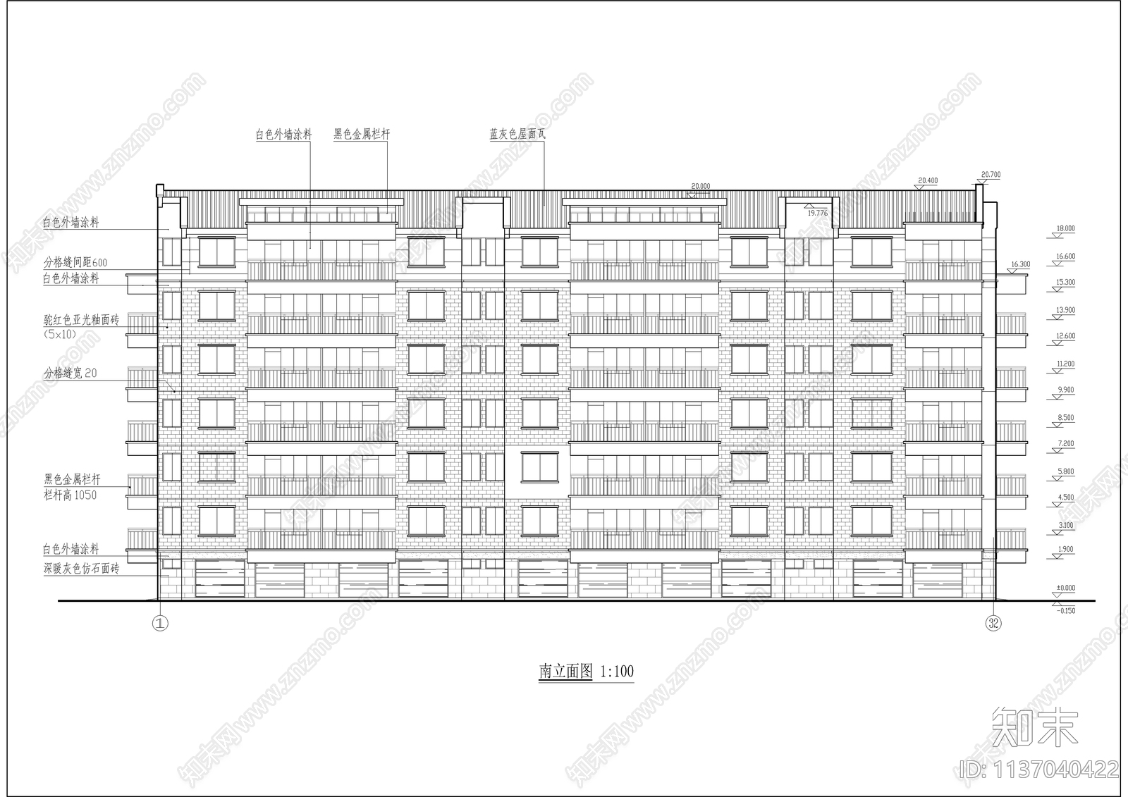 六层坡屋顶住宅建筑cad施工图下载【ID:1137040422】