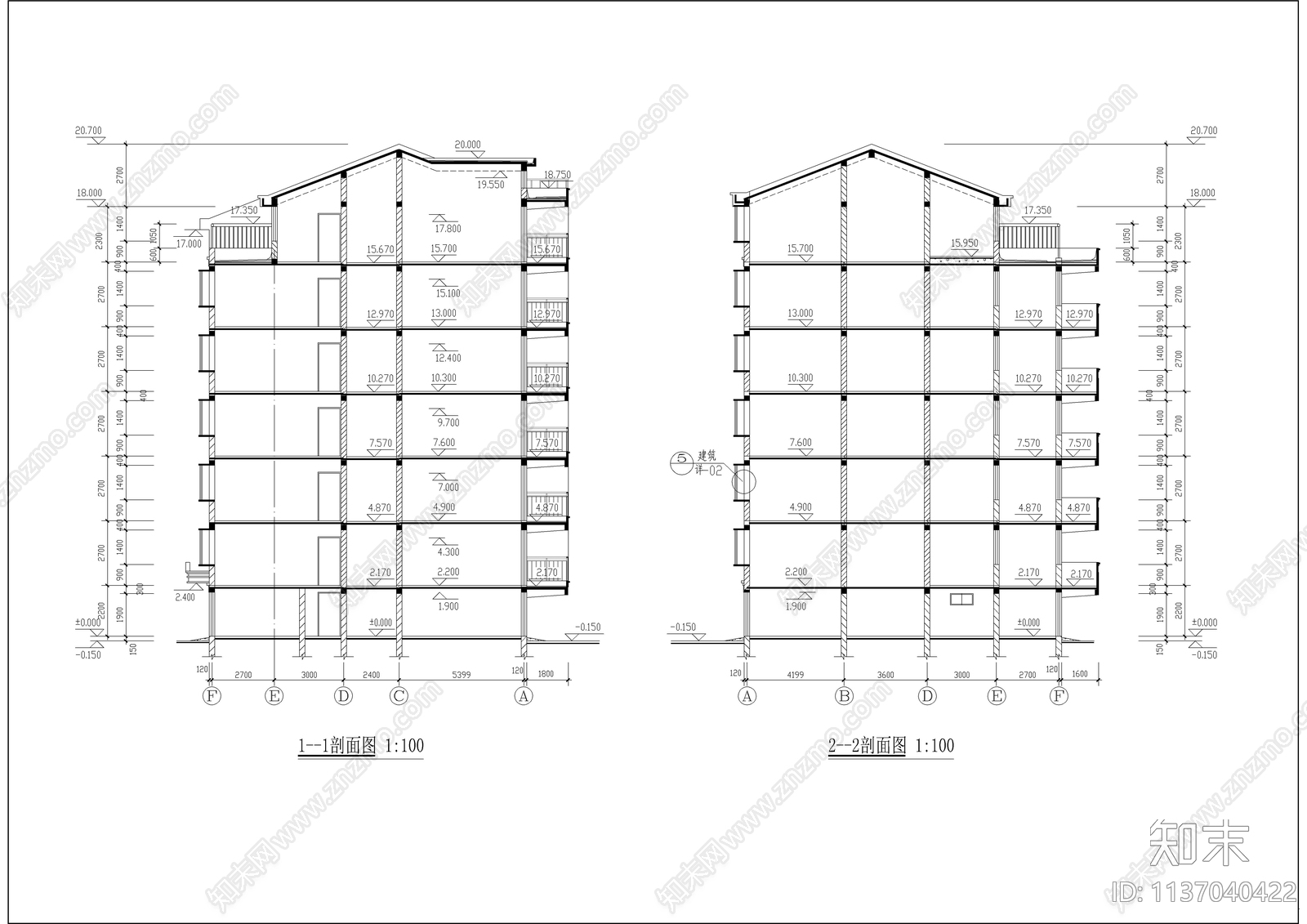 六层坡屋顶住宅建筑cad施工图下载【ID:1137040422】