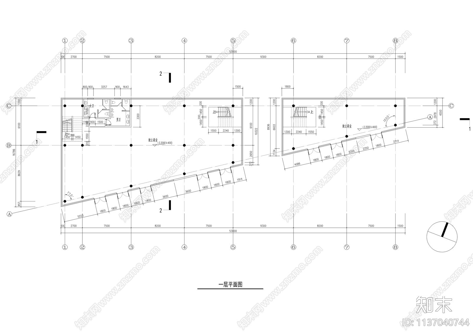 三角地块现代商业体建筑cad施工图下载【ID:1137040744】