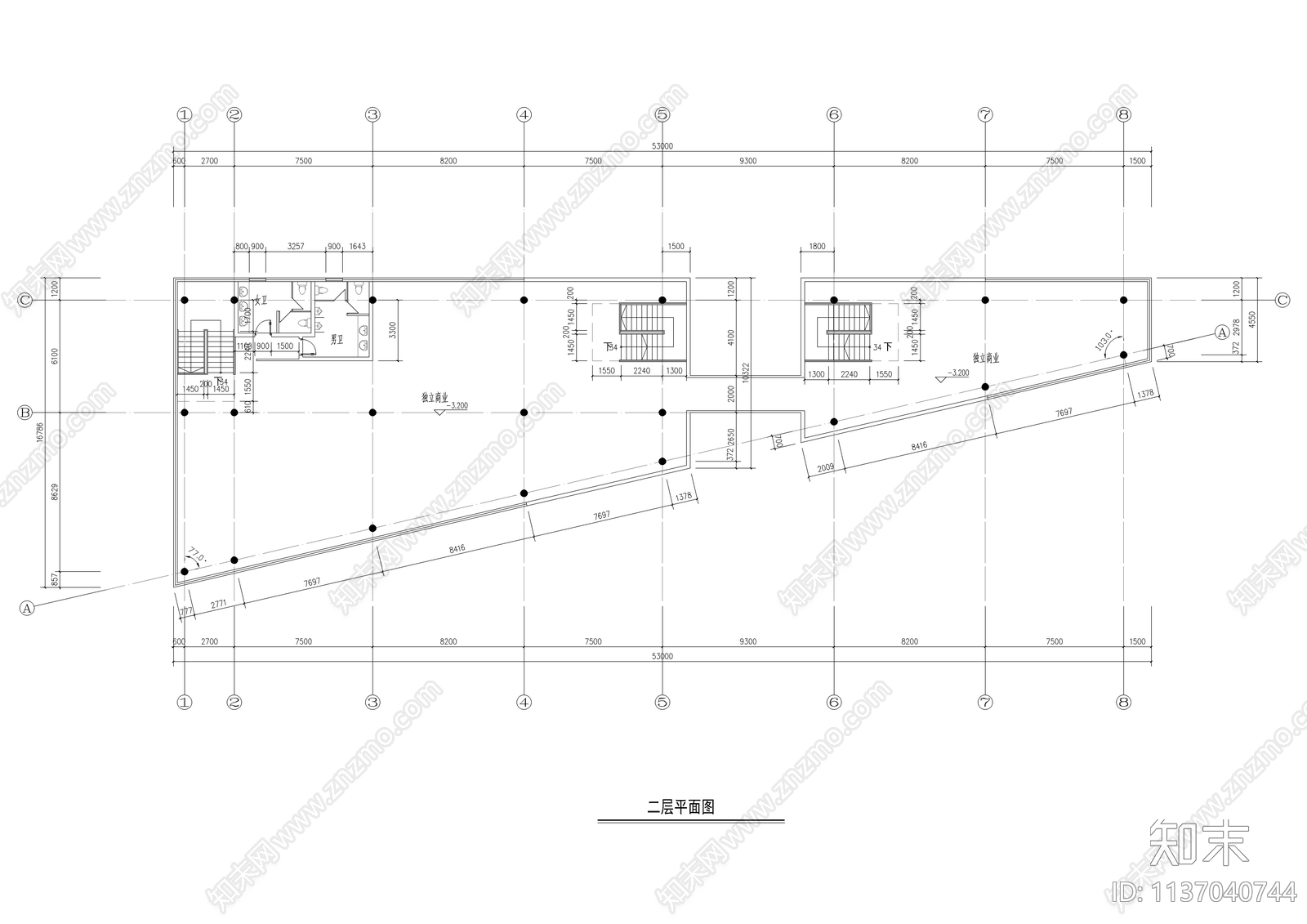 三角地块现代商业体建筑cad施工图下载【ID:1137040744】