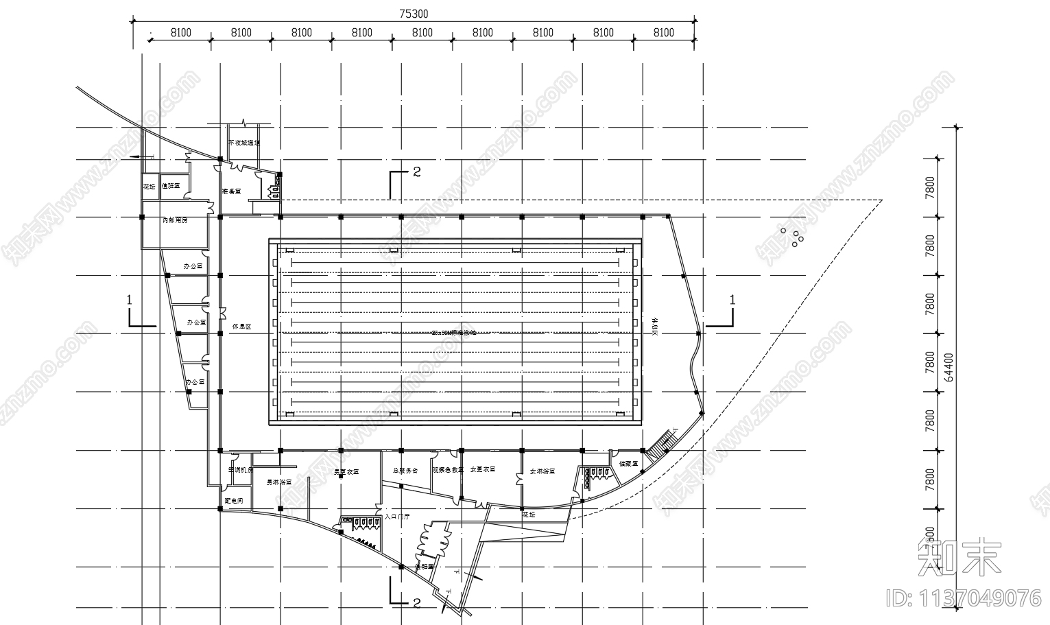 2层游泳馆建筑cad施工图下载【ID:1137049076】