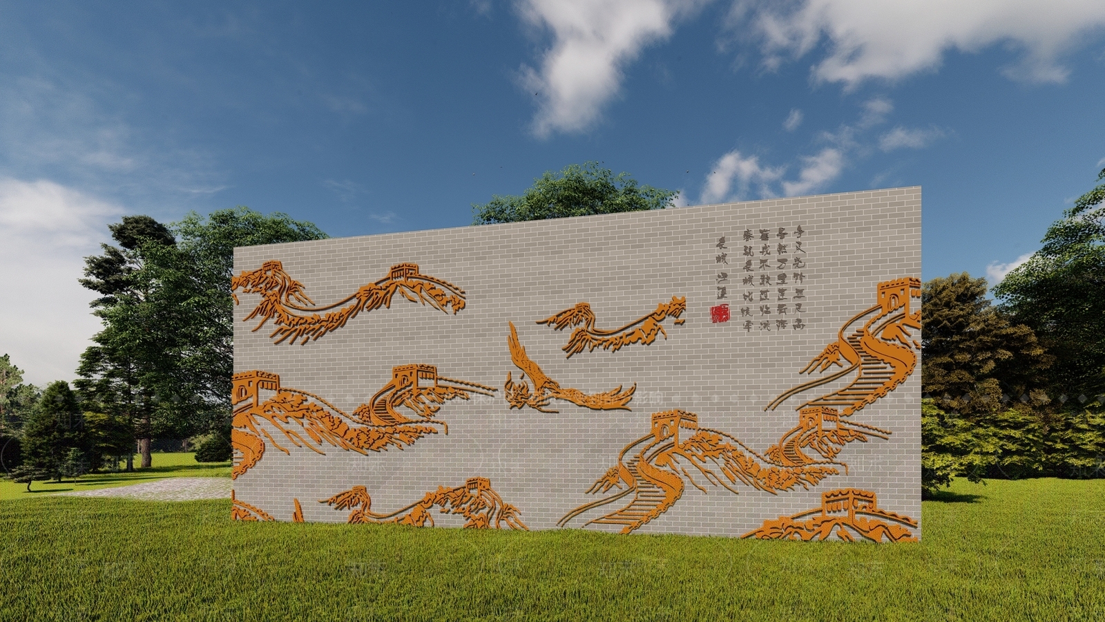 新中式万里长城浮雕景墙SU模型下载【ID:1137051836】