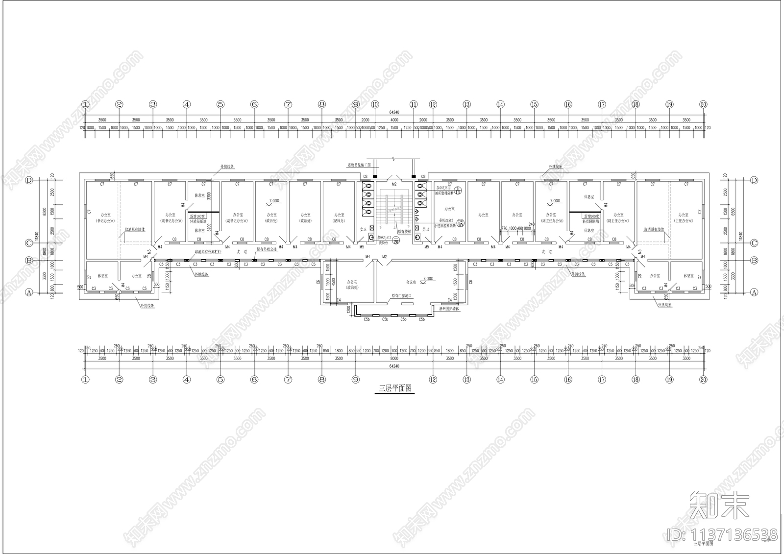 三层高档办公楼建筑cad施工图下载【ID:1137136538】