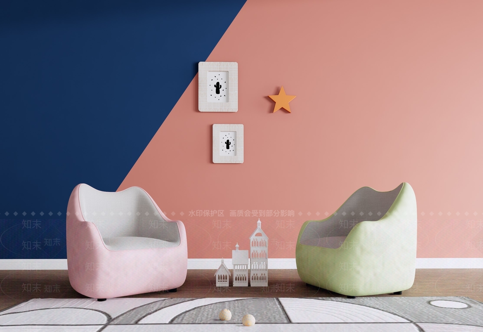 现代卡通儿童布艺单人沙发组合SU模型下载【ID:1137142472】