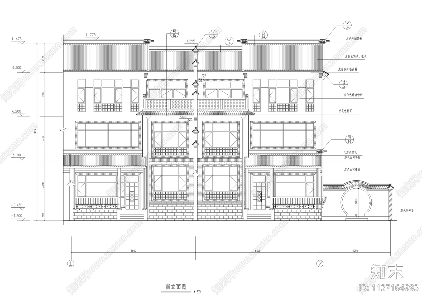 江南园林风别墅建筑cad施工图下载【ID:1137164993】