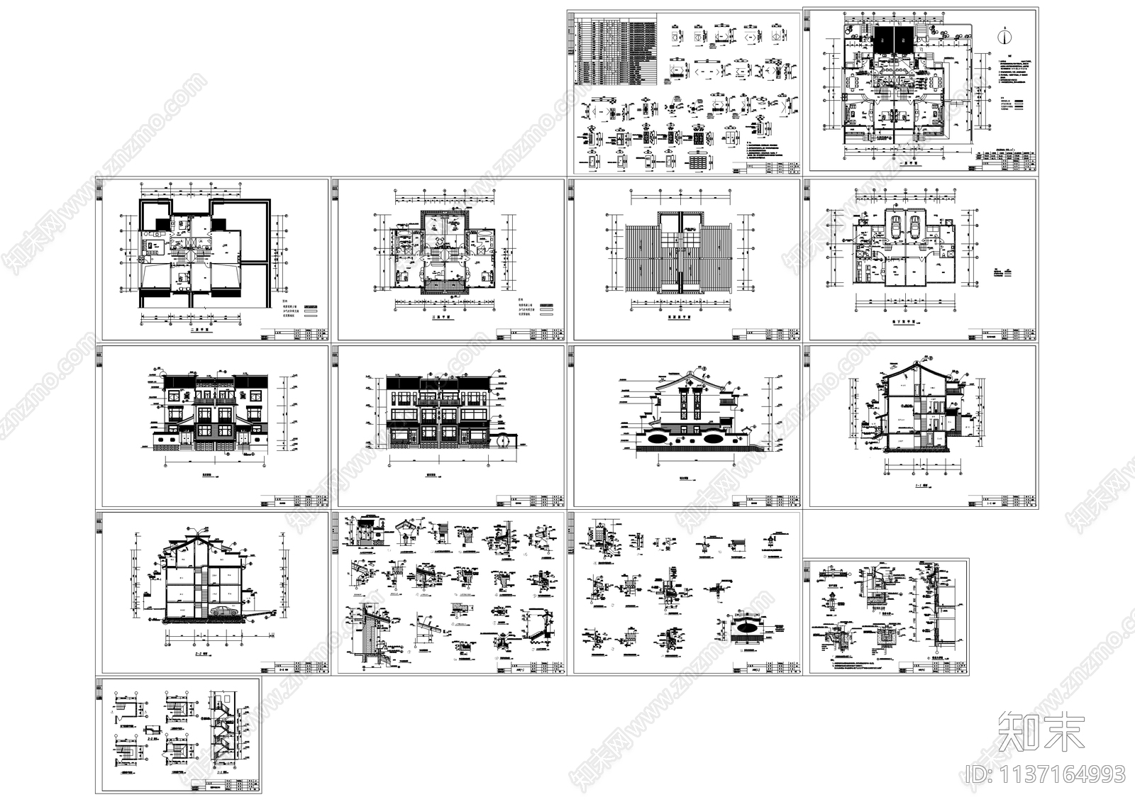 江南园林风别墅建筑cad施工图下载【ID:1137164993】