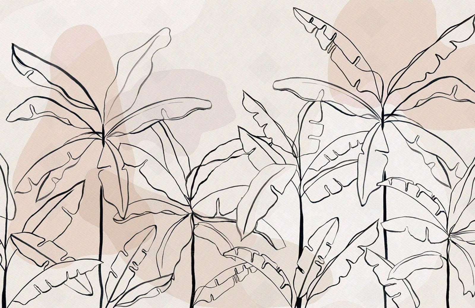 艾莎壁画中性粉红色墨色现代植物壁纸壁画钢笔线条墙纸芭蕉叶客厅贴图下载【ID:1137168351】