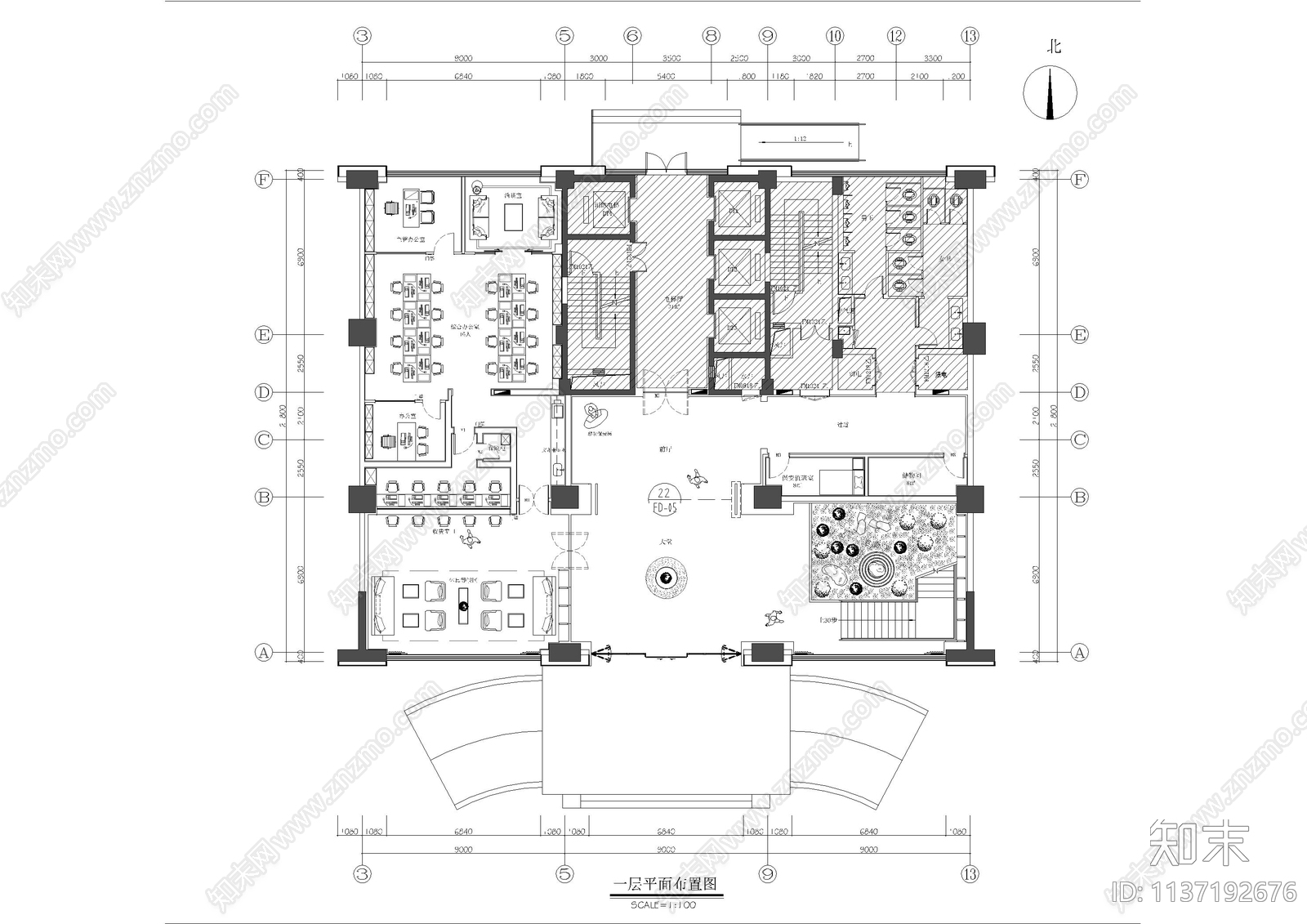 1500㎡中式办公室效果图施工图cad施工图下载【ID:1137192676】