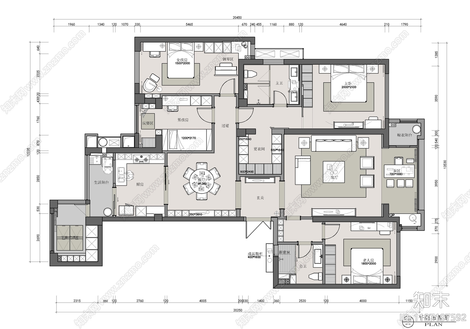 新中式家装大平层室内cad施工图下载【ID:1137197592】