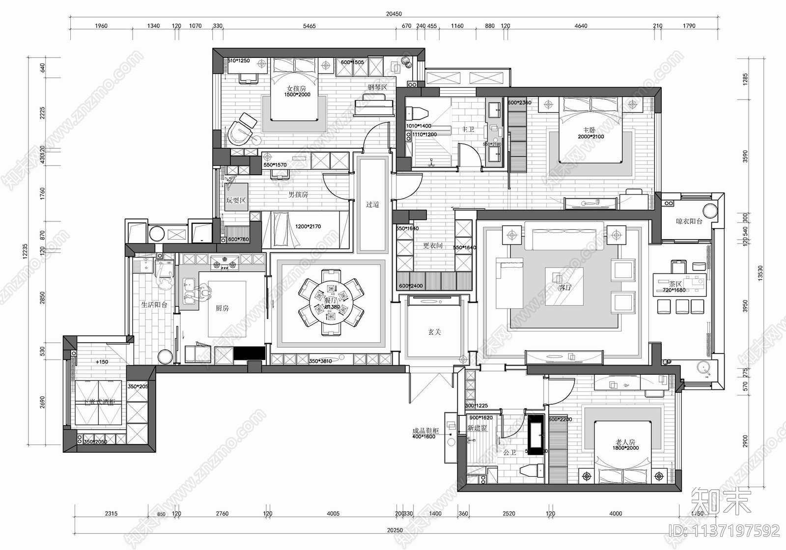 新中式家装大平层室内cad施工图下载【ID:1137197592】