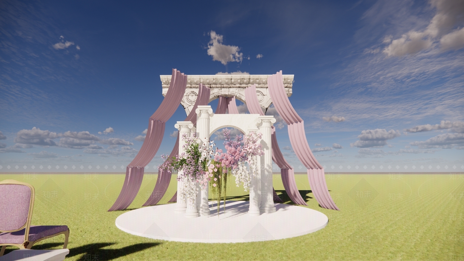 欧式粉色罗马柱婚礼花艺美陈SU模型下载【ID:1137203261】