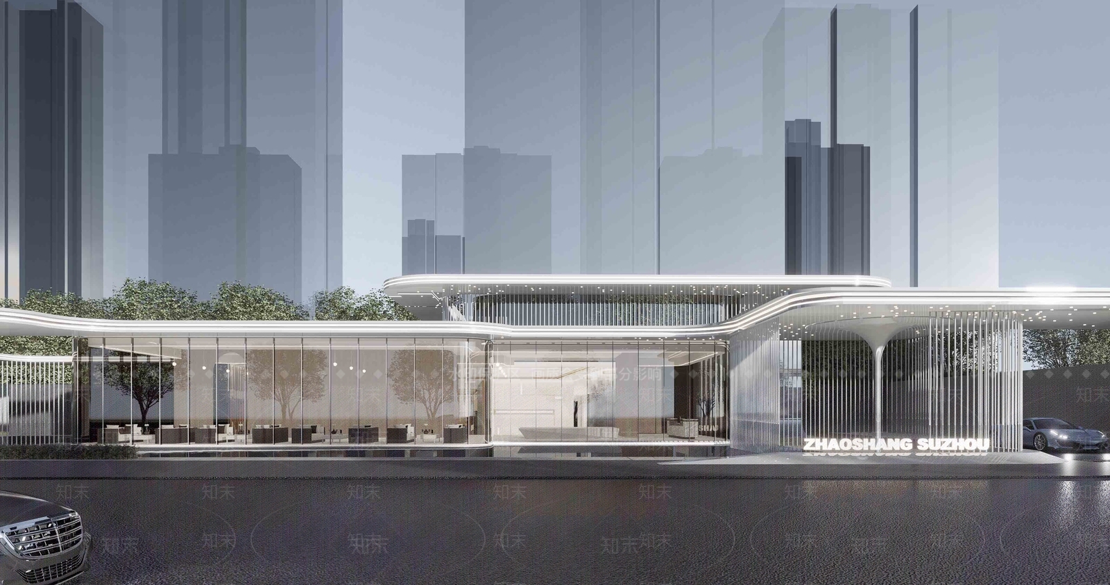 现代弧形售楼处建筑SU模型下载【ID:1137203977】