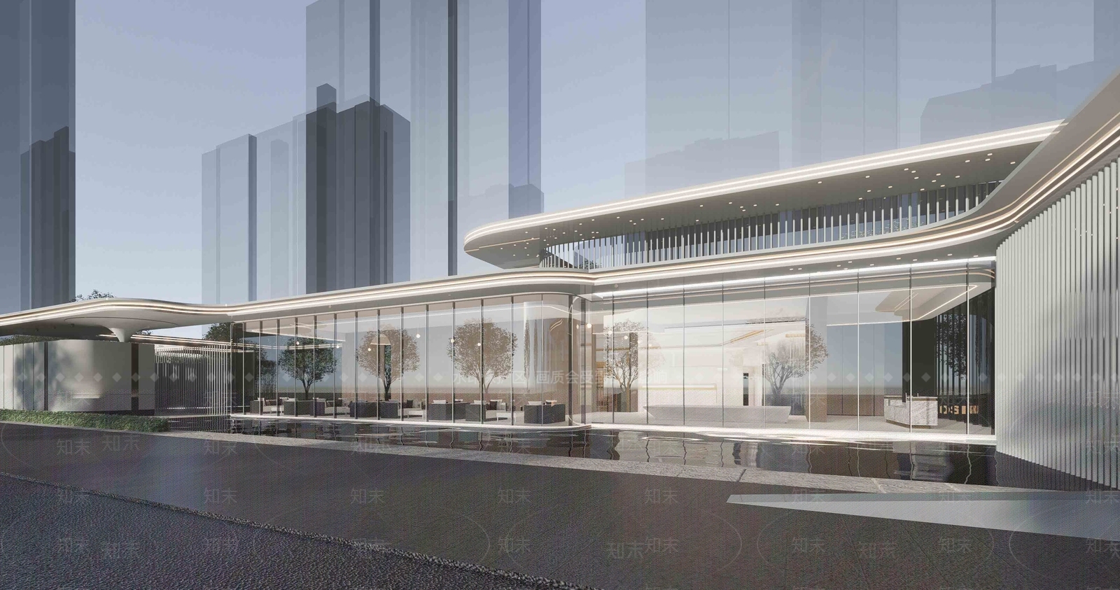 现代弧形售楼处建筑SU模型下载【ID:1137203977】