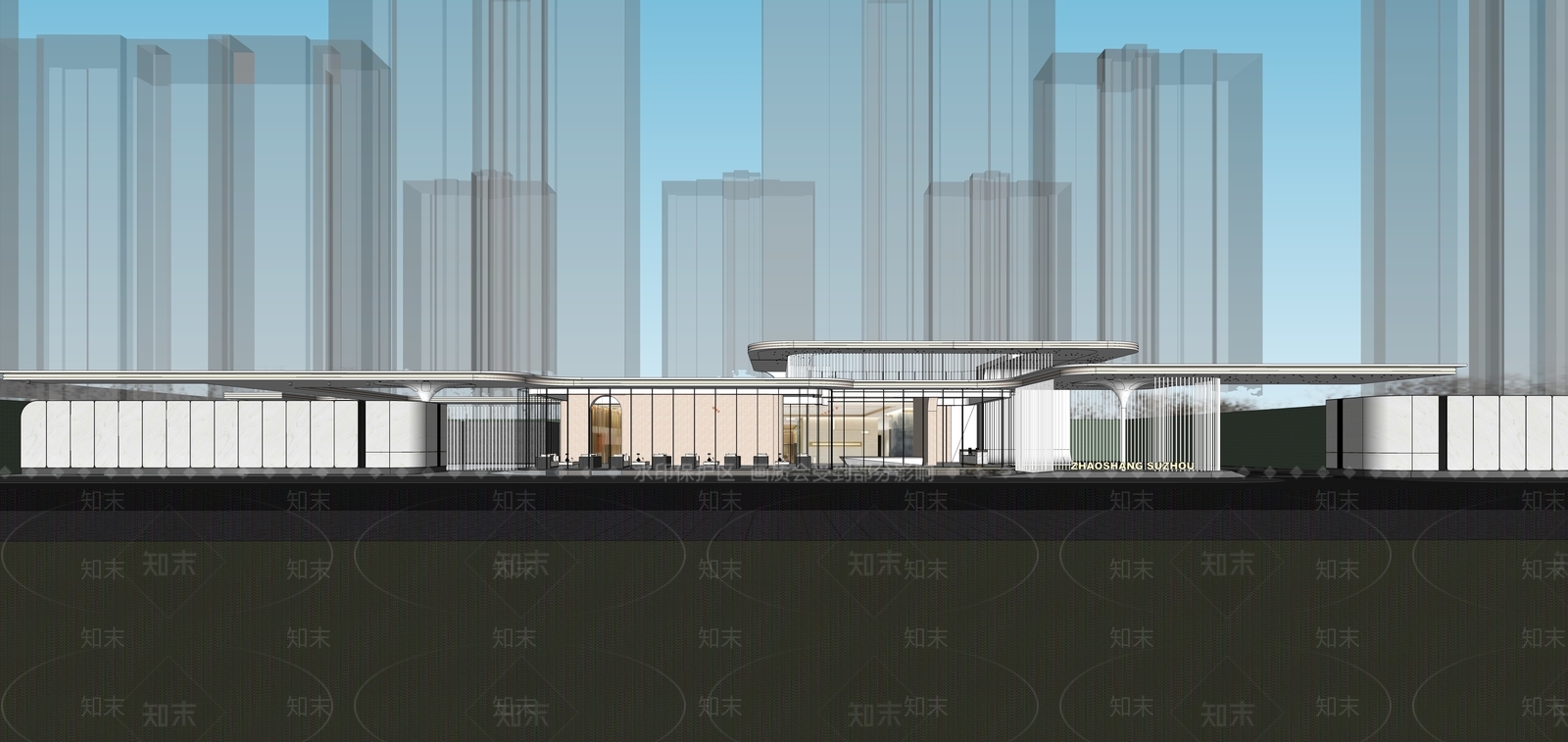 现代弧形售楼处建筑SU模型下载【ID:1137203977】