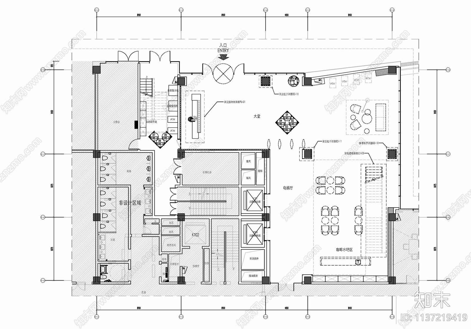 办公大楼公区大堂室内cad施工图下载【ID:1137219419】