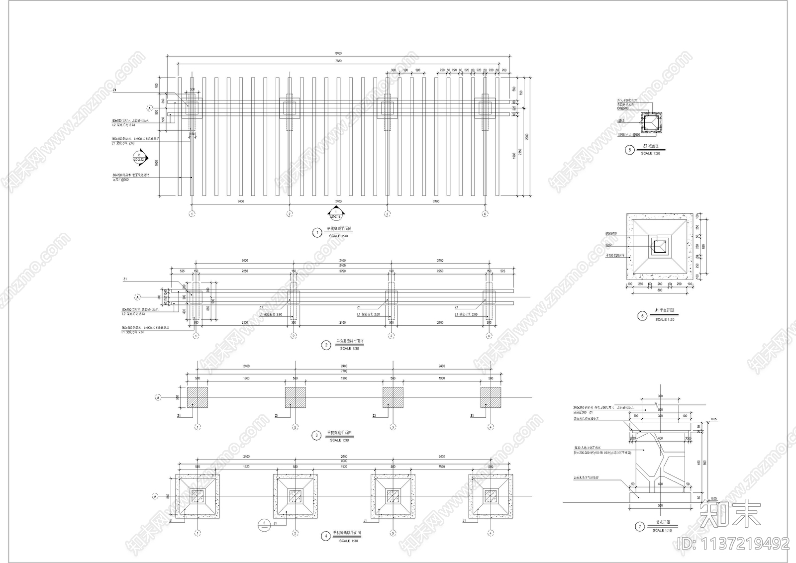 一字型廊架设计cad施工图下载【ID:1137219492】