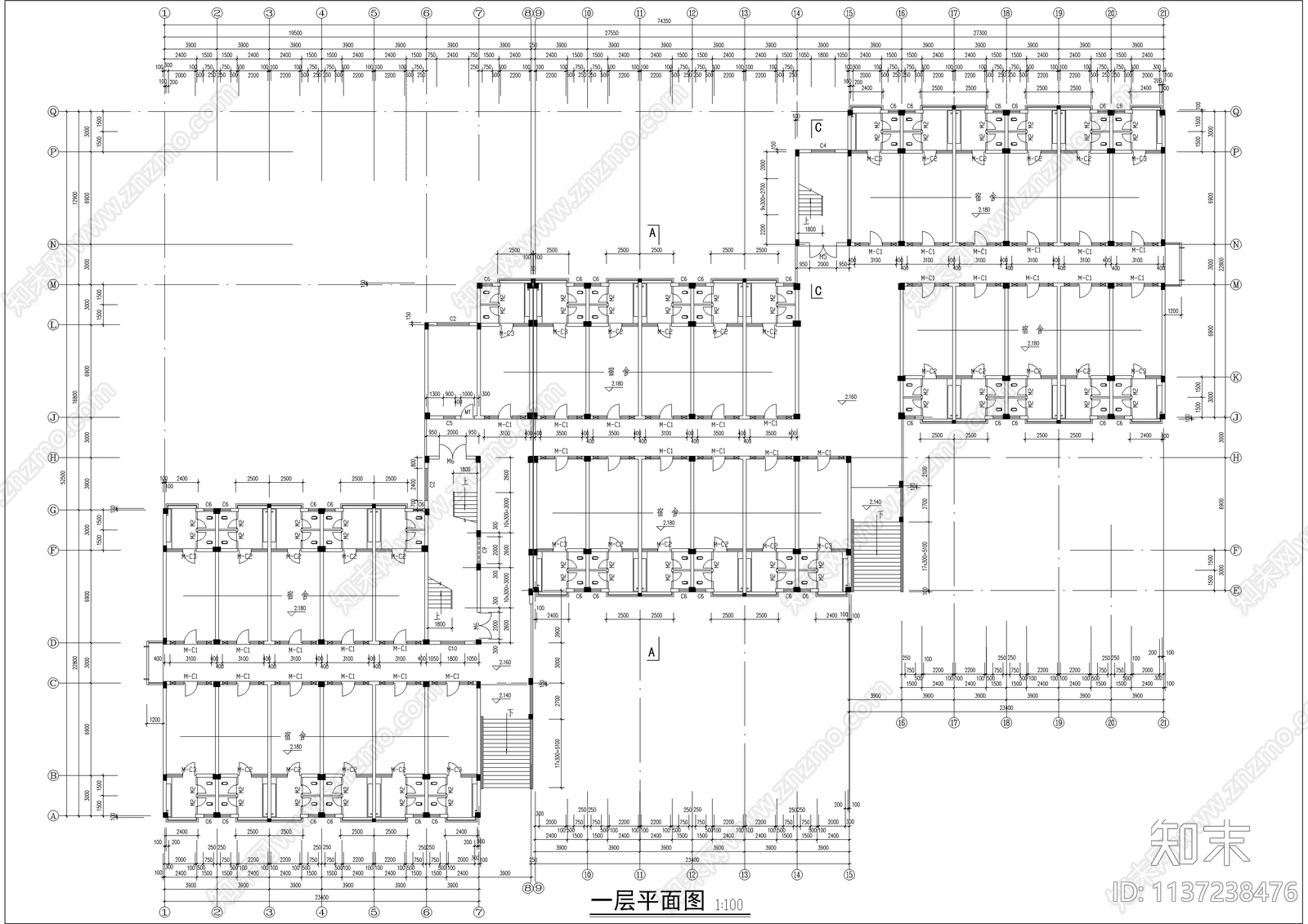 学院宿舍楼建筑cad施工图下载【ID:1137238476】